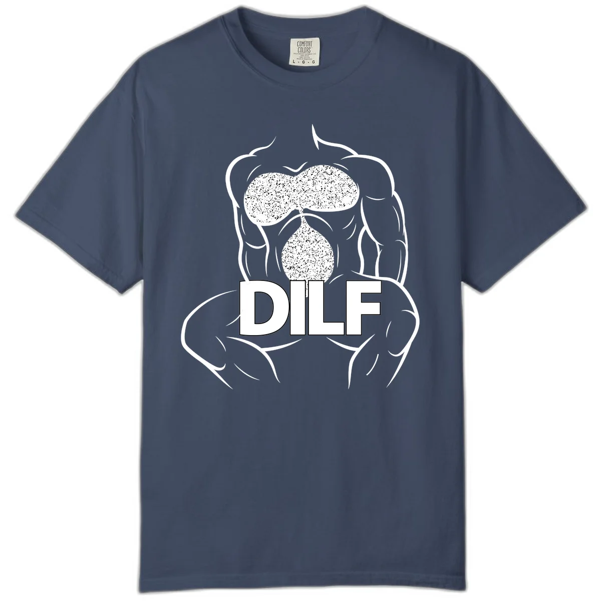 DILF anatomy humor design featuring muscular torso outline with speckled organ illustration and text in Midnight
