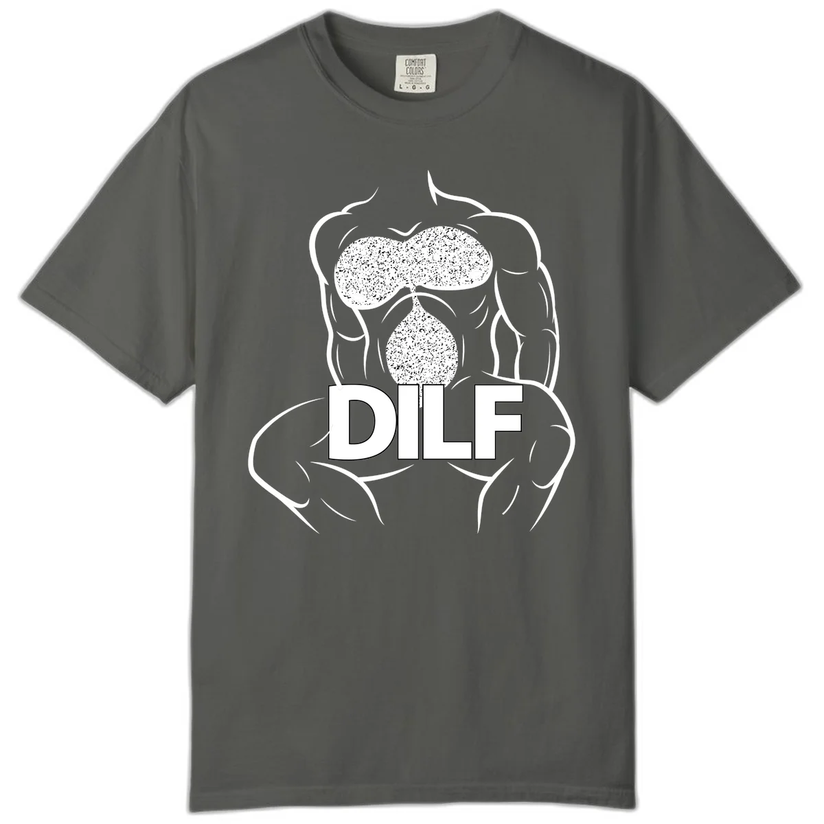 DILF anatomy humor design featuring muscular torso outline with speckled organ illustration and text in Pepper