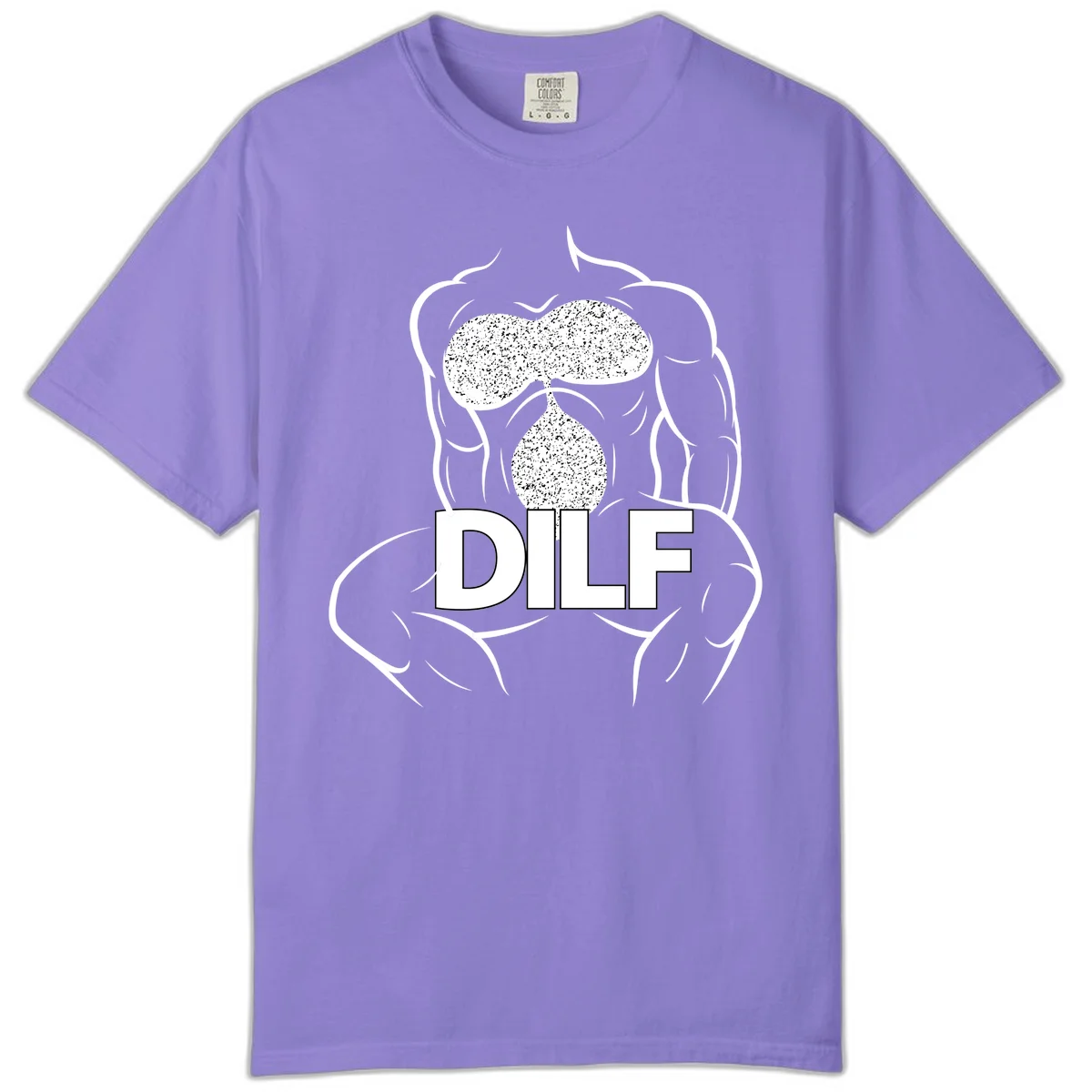 DILF anatomy humor design featuring muscular torso outline with speckled organ illustration and text in Violet