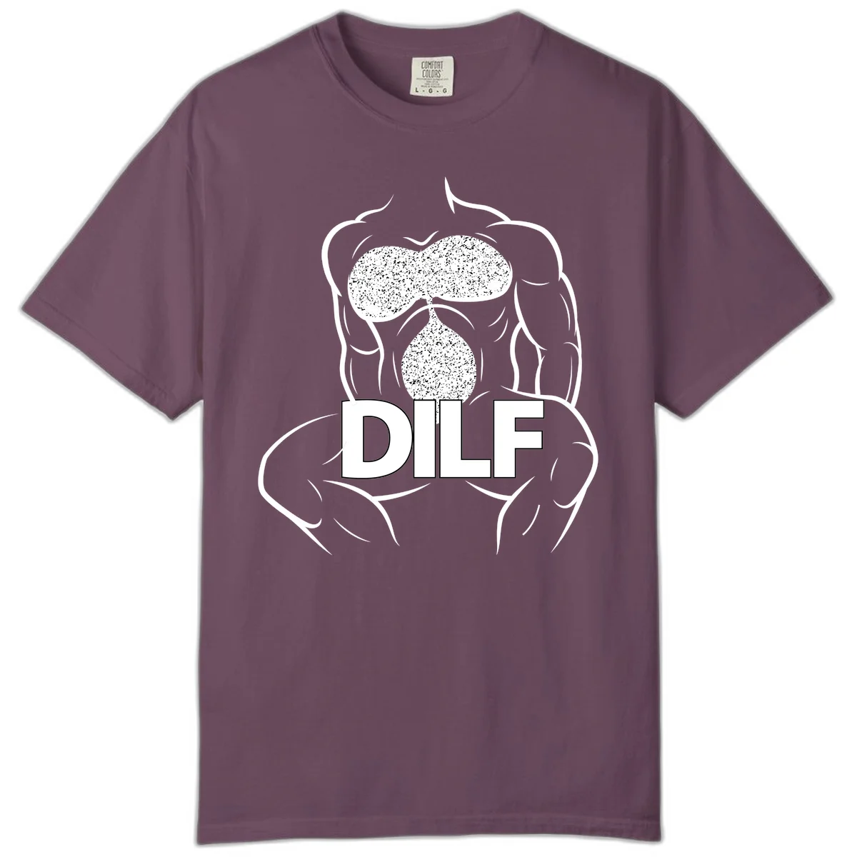 DILF anatomy humor design featuring muscular torso outline with speckled organ illustration and text in Berry