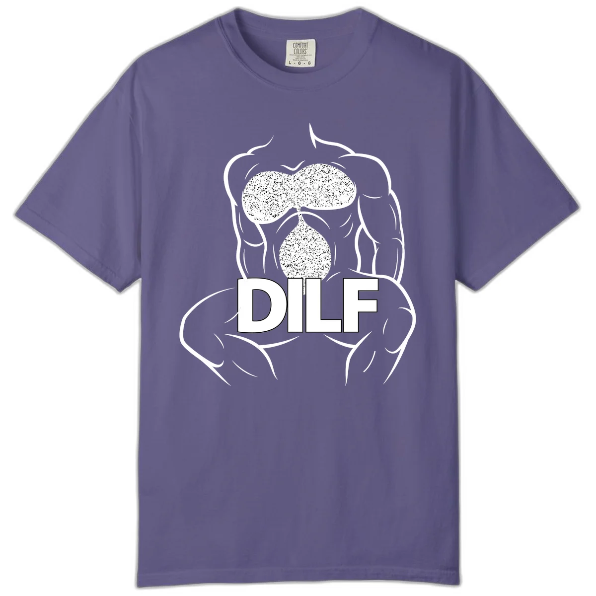 DILF anatomy humor design featuring muscular torso outline with speckled organ illustration and text in Grape