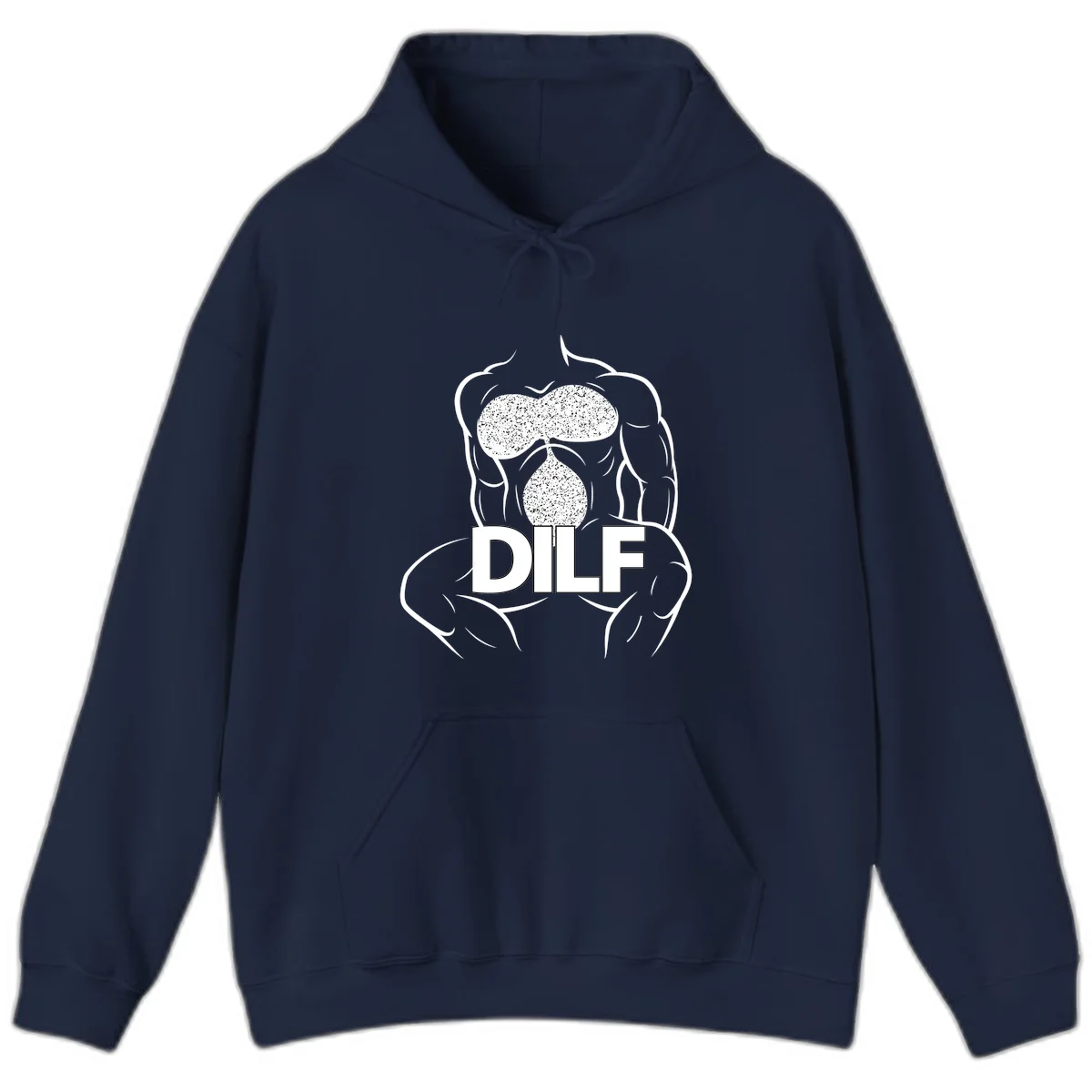 DILF anatomy humor design featuring muscular torso outline with speckled organ illustration and text in Navy