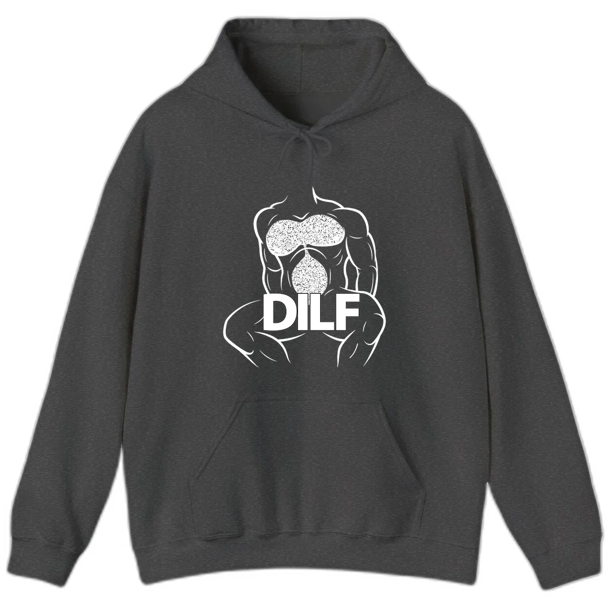 DILF anatomy humor design featuring muscular torso outline with speckled organ illustration and text in Dark Heather