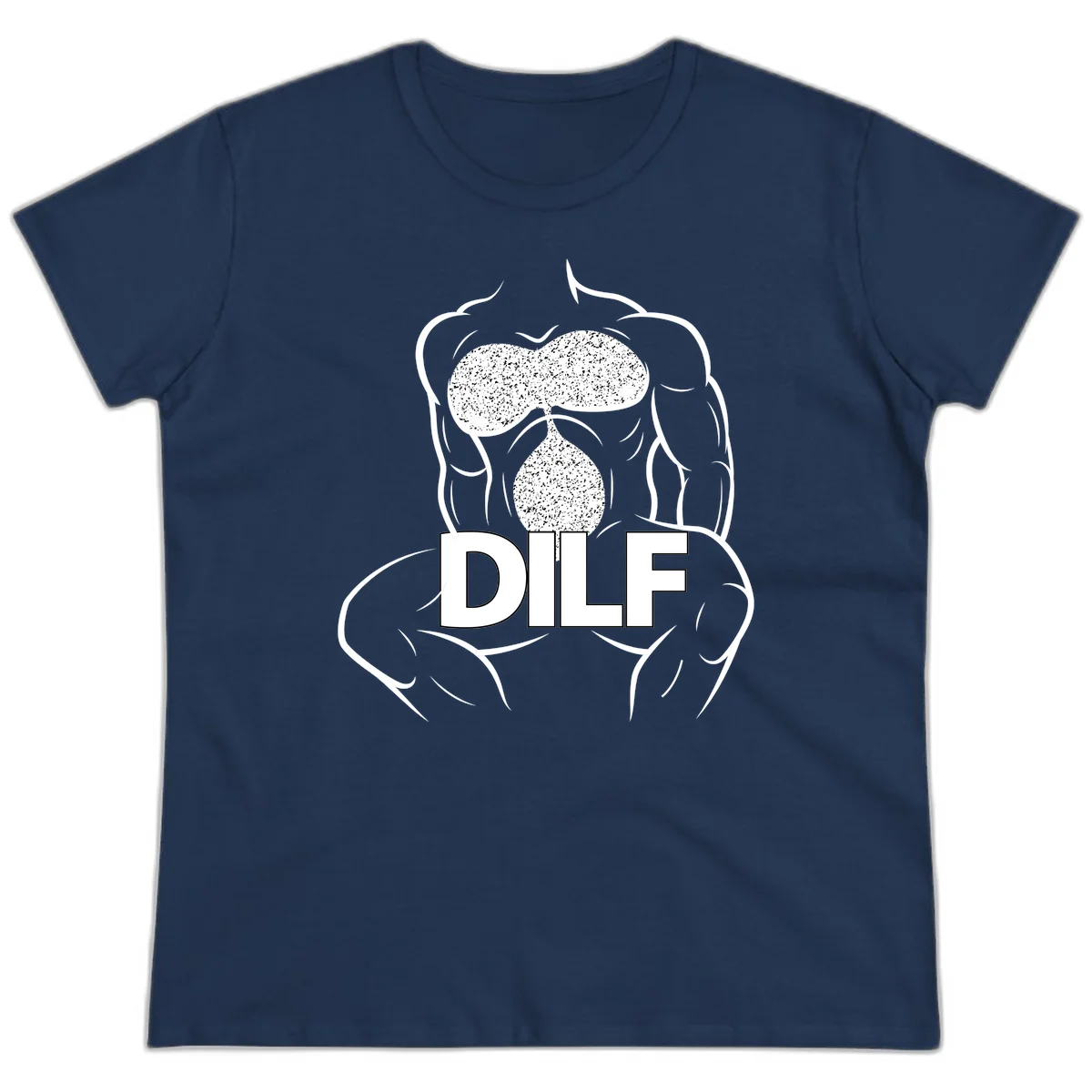 DILF anatomy humor design featuring muscular torso outline with speckled organ illustration and text in Navy