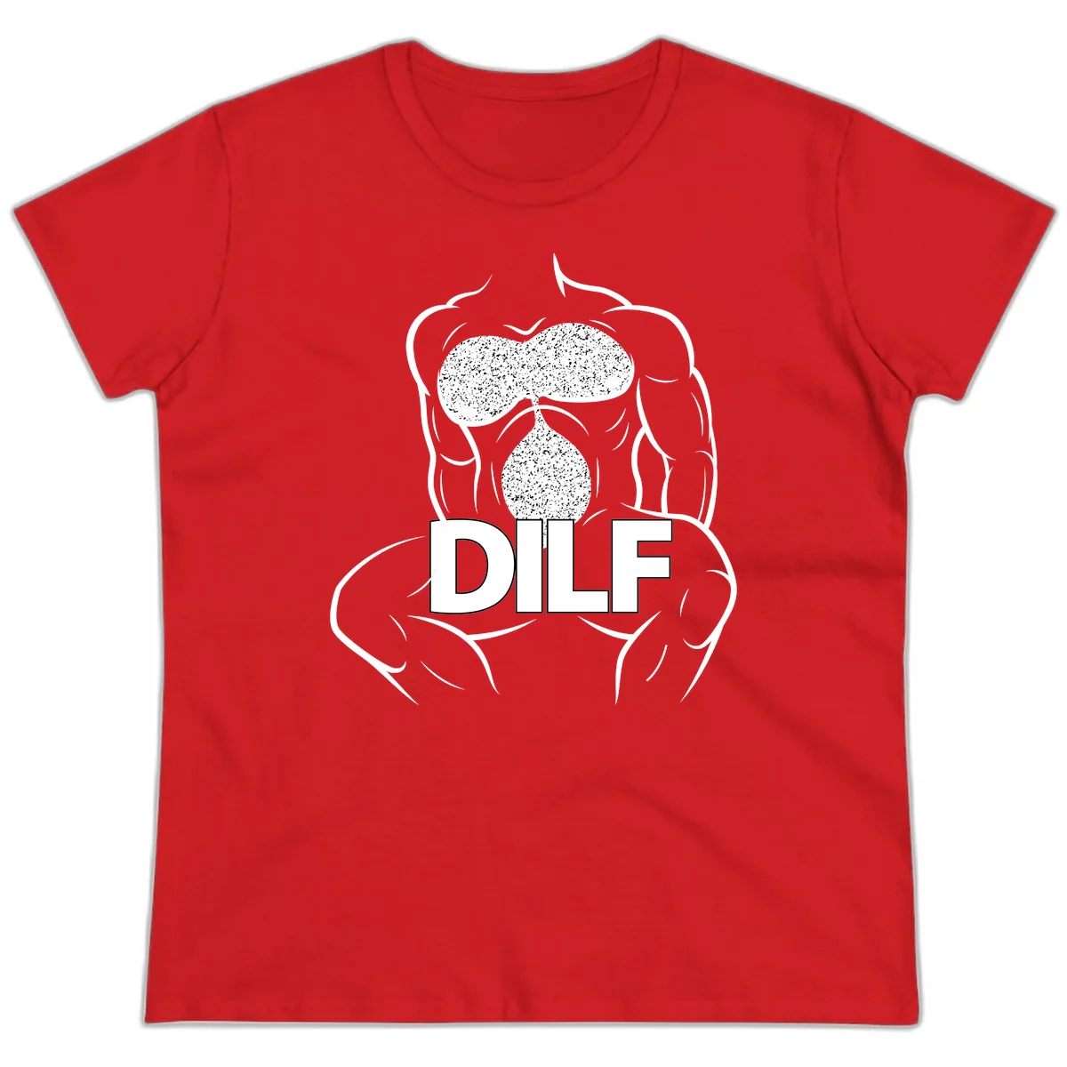 DILF anatomy humor design featuring muscular torso outline with speckled organ illustration and text in Red