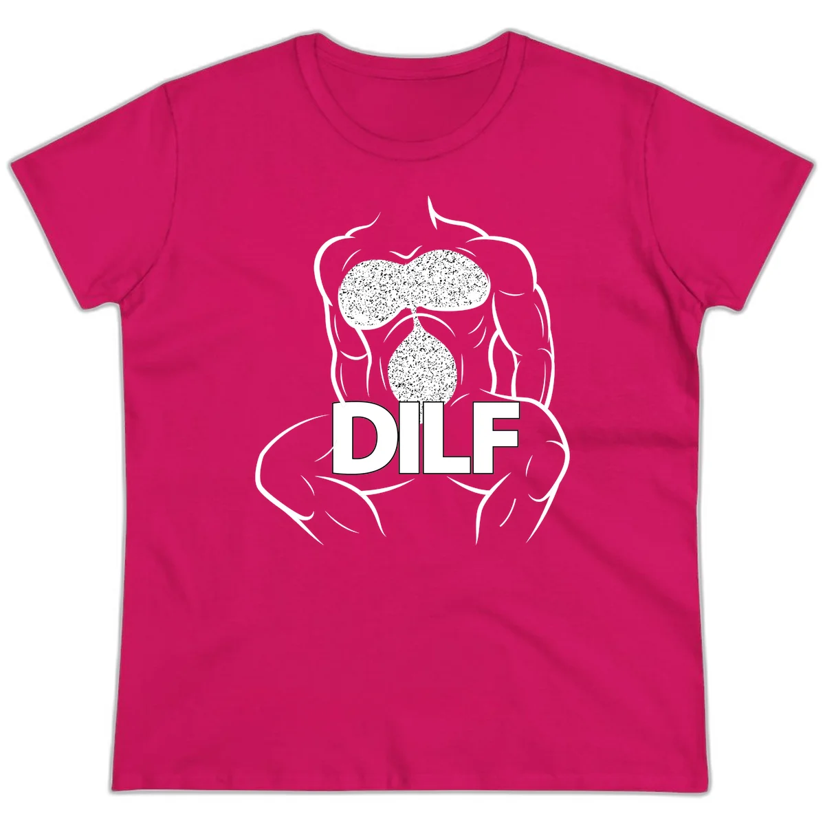 DILF anatomy humor design featuring muscular torso outline with speckled organ illustration and text in Heliconia