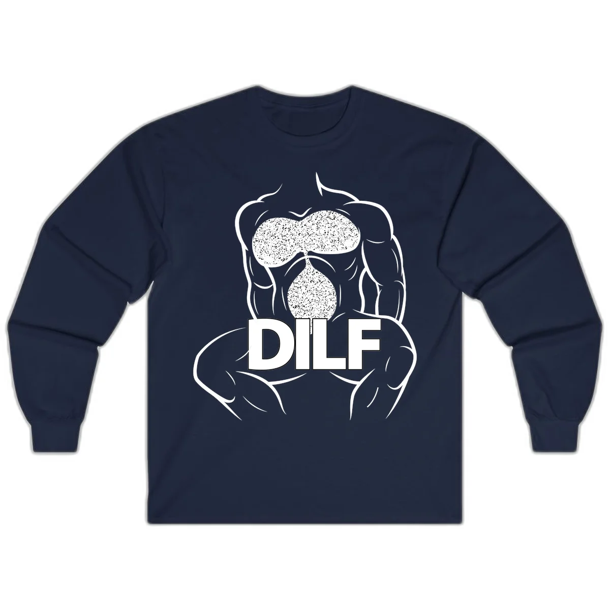 DILF anatomy humor design featuring muscular torso outline with speckled organ illustration and text in Navy