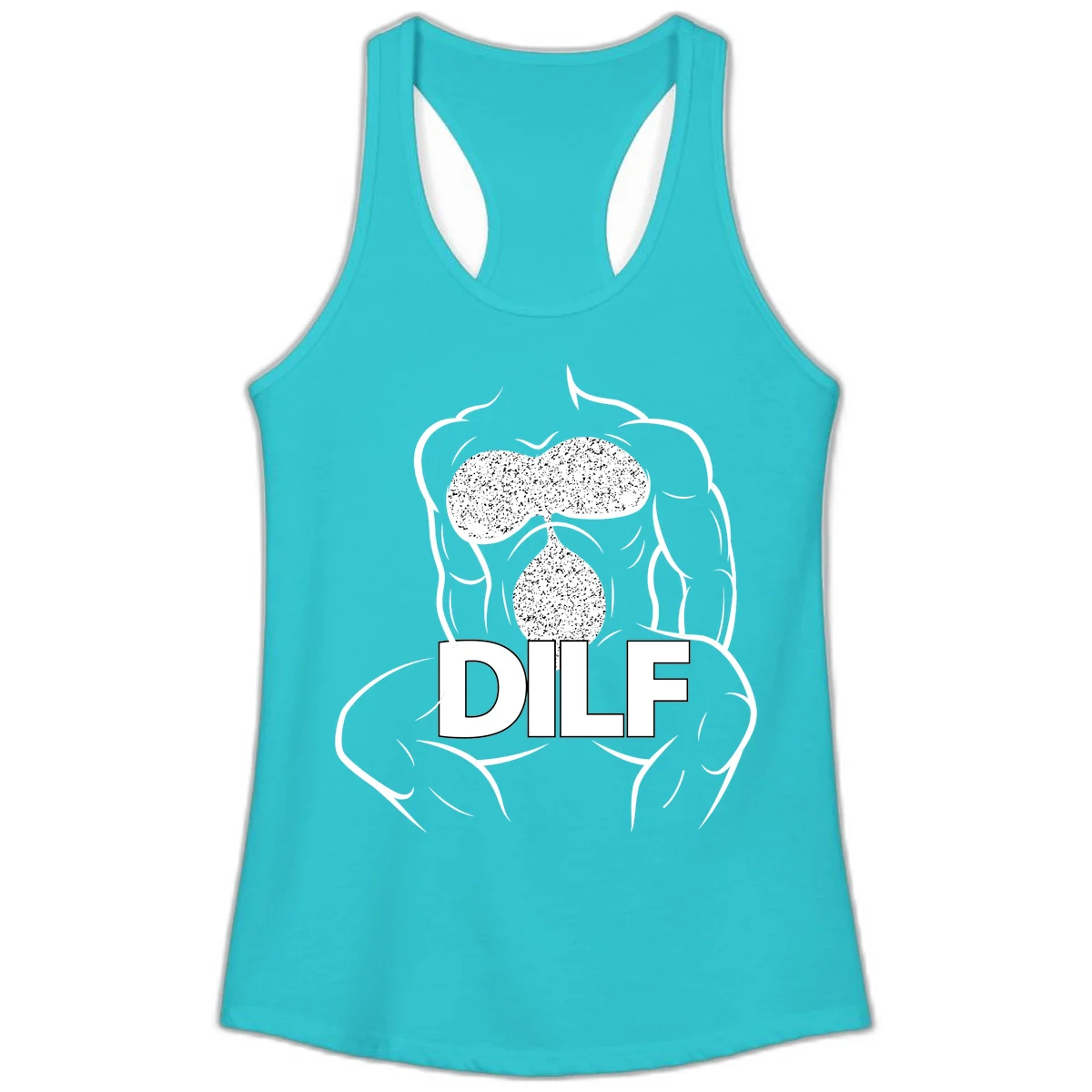 DILF anatomy humor design featuring muscular torso outline with speckled organ illustration and text in Solid Tahiti Blue