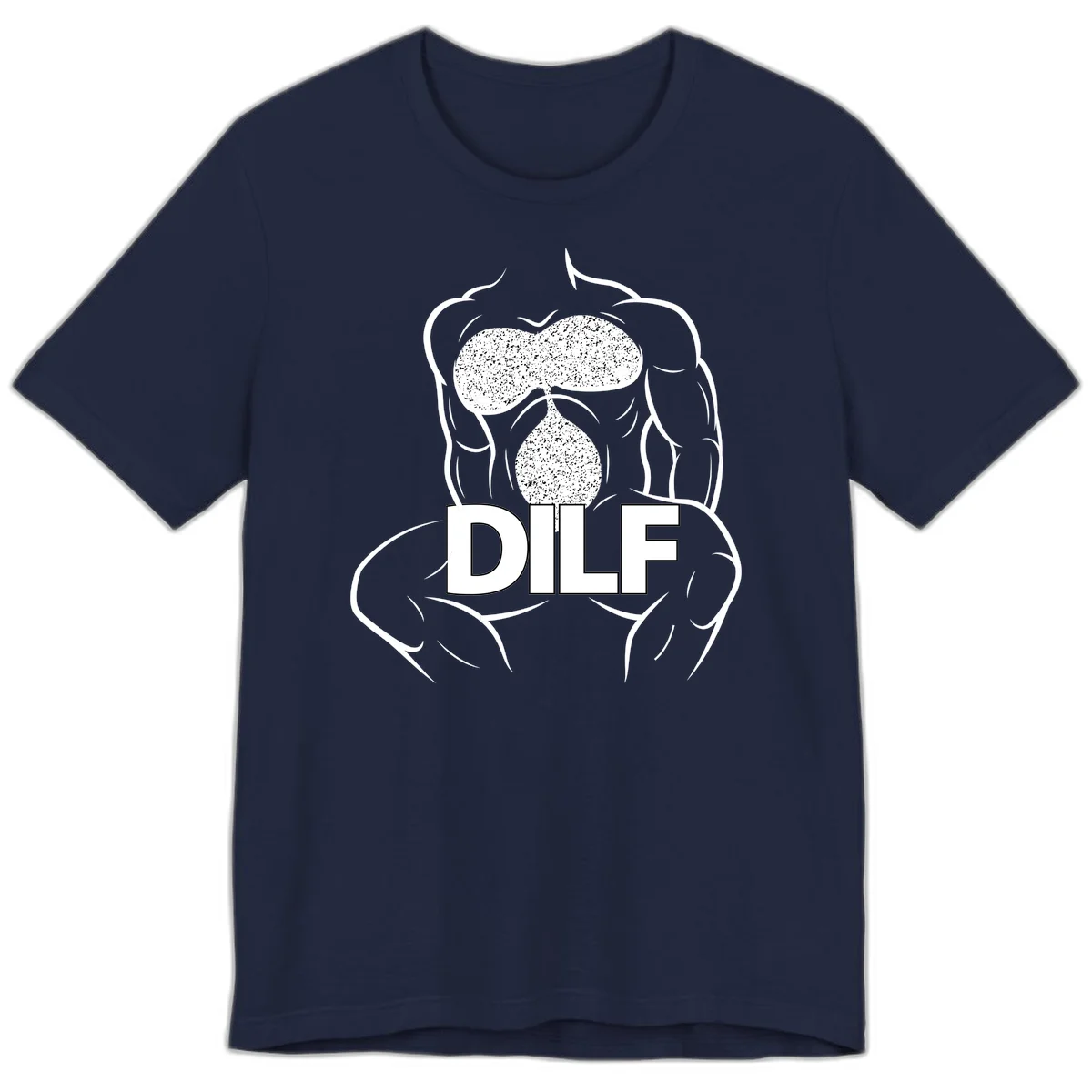 DILF anatomy humor design featuring muscular torso outline with speckled organ illustration and text in Navy