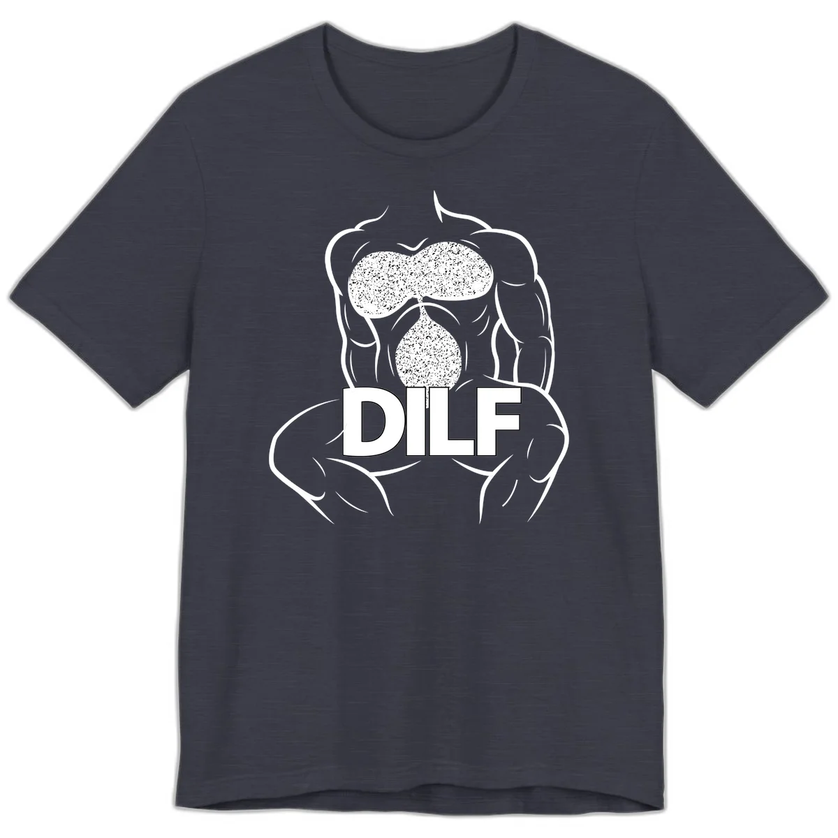 DILF anatomy humor design featuring muscular torso outline with speckled organ illustration and text in Heather Midnight Navy