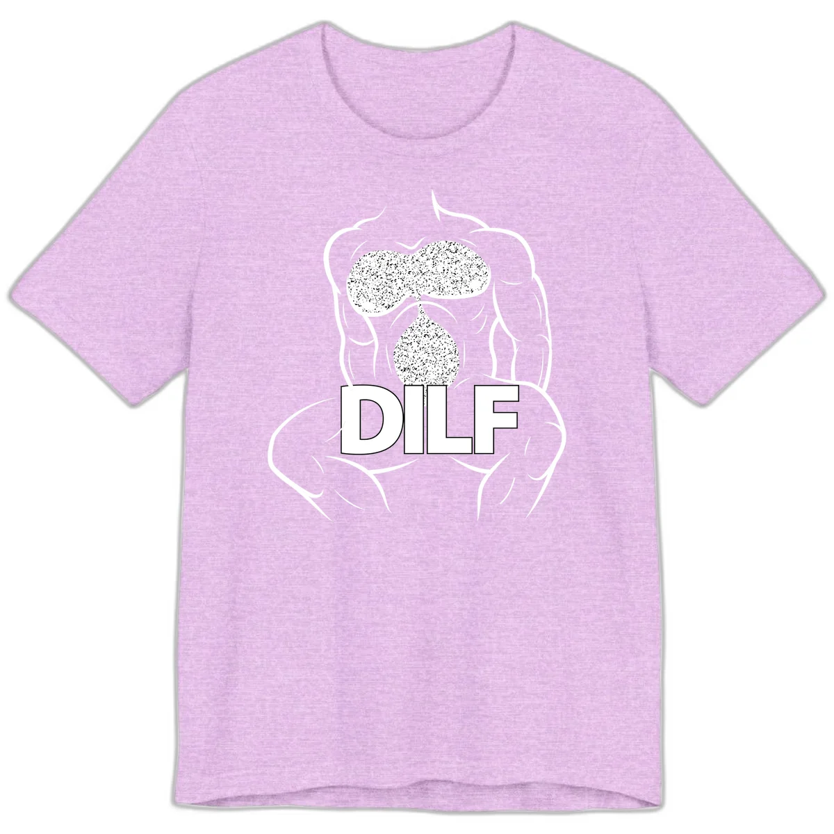 DILF anatomy humor design featuring muscular torso outline with speckled organ illustration and text in Heather Prism Lilac