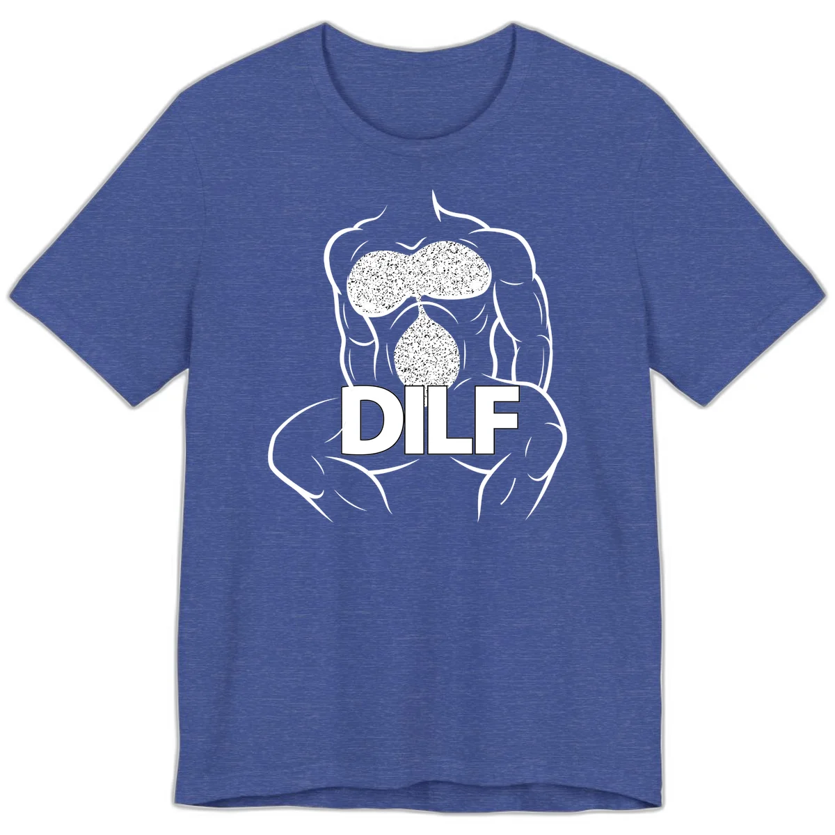 DILF anatomy humor design featuring muscular torso outline with speckled organ illustration and text in Heather True Royal