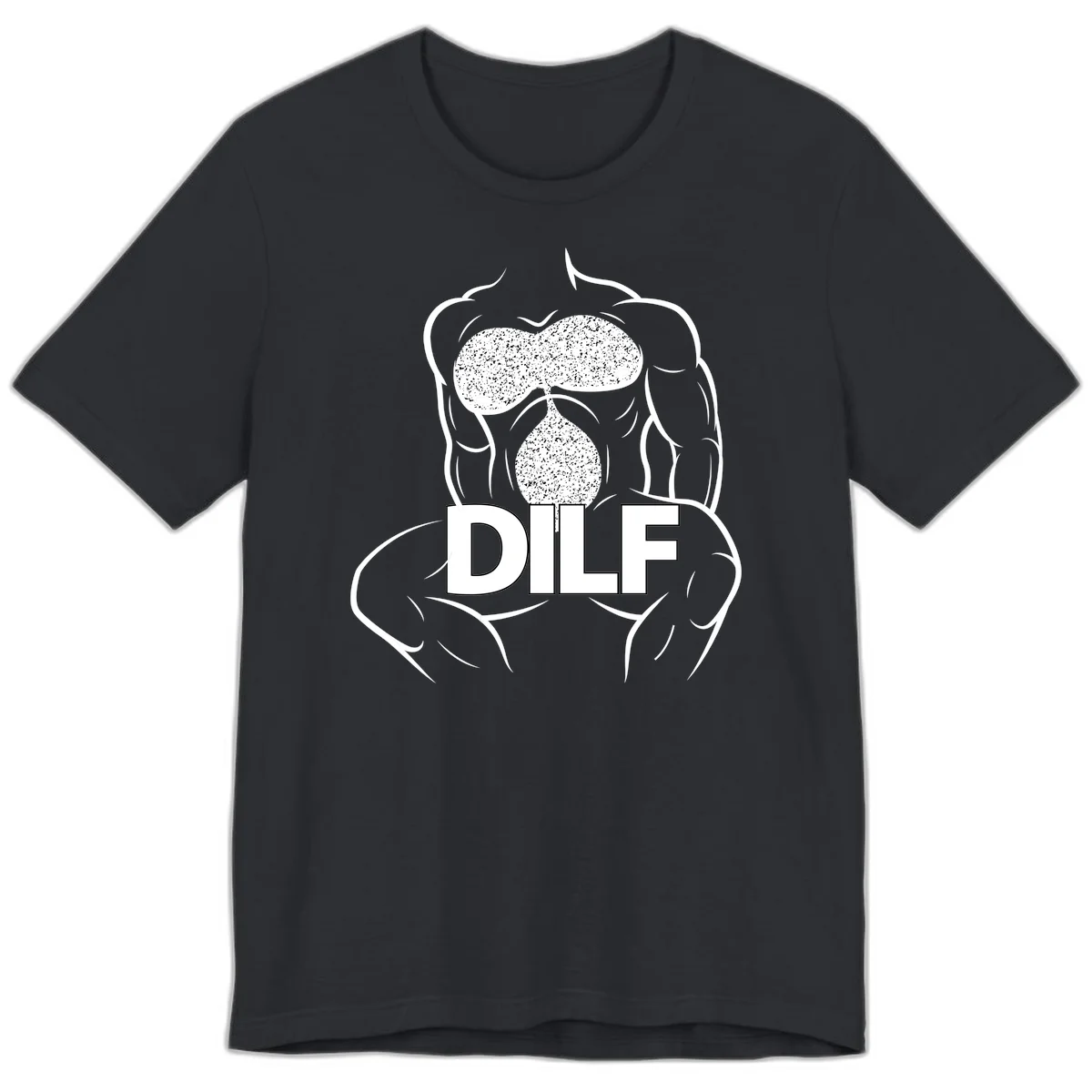 DILF anatomy humor design featuring muscular torso outline with speckled organ illustration and text in Vintage Black