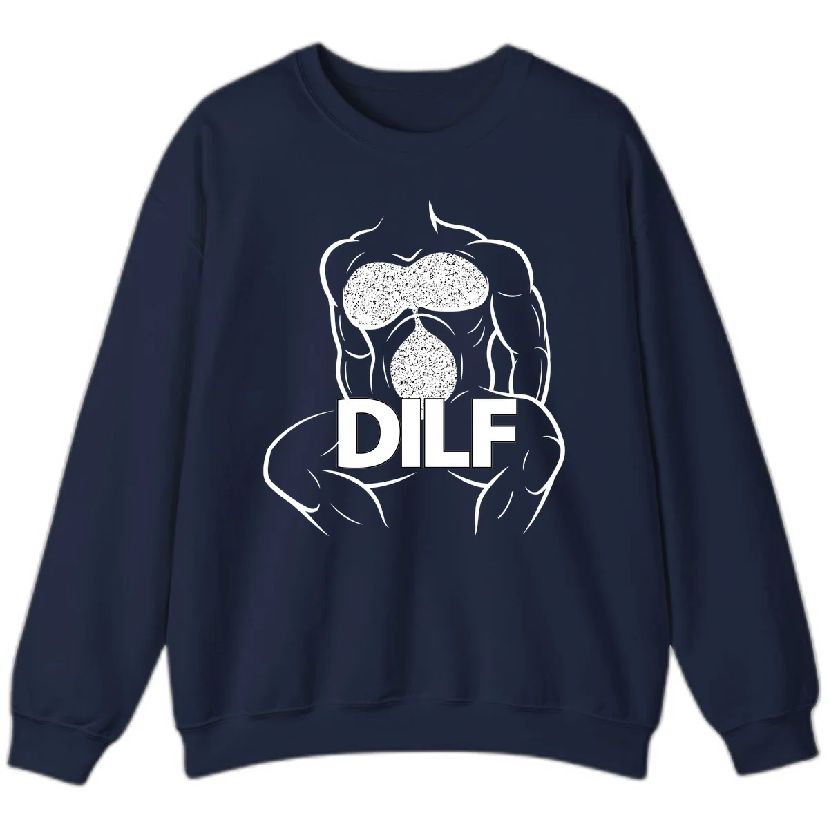 DILF anatomy humor design featuring muscular torso outline with speckled organ illustration and text in Navy