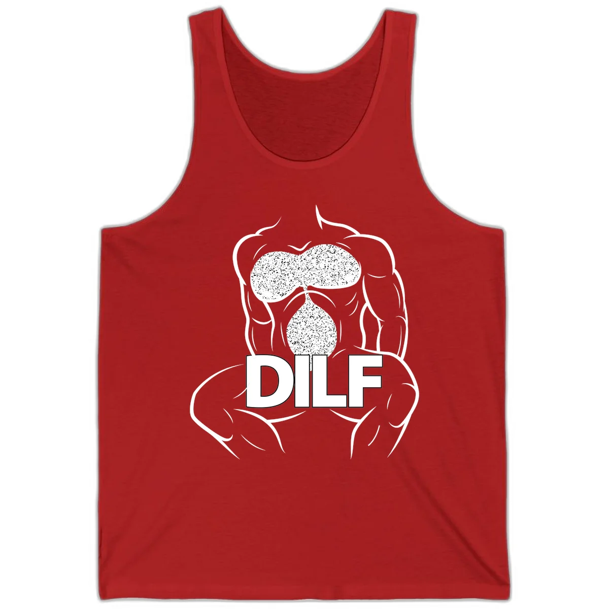 DILF anatomy humor design featuring muscular torso outline with speckled organ illustration and text in Red