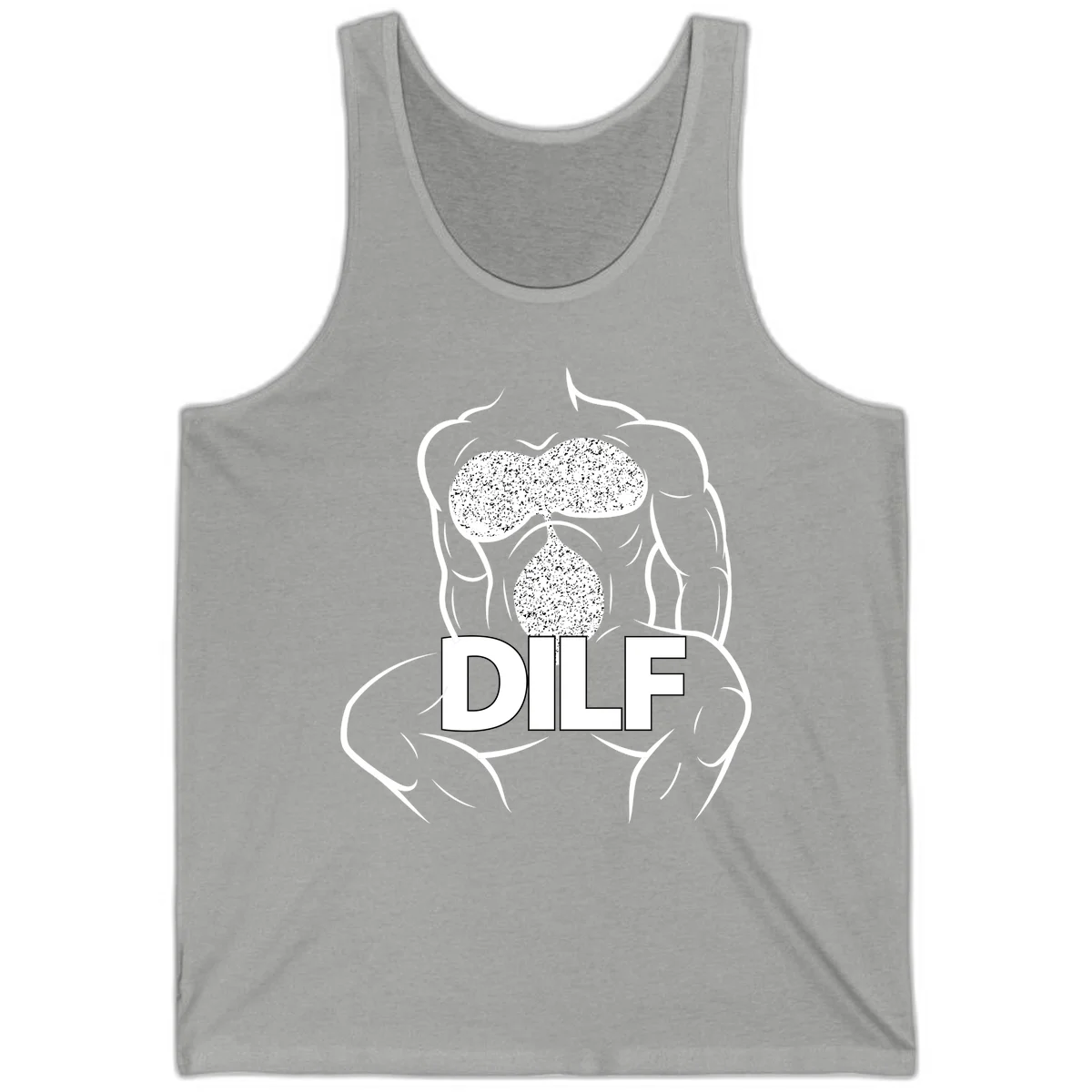 DILF anatomy humor design featuring muscular torso outline with speckled organ illustration and text in Athletic Heather