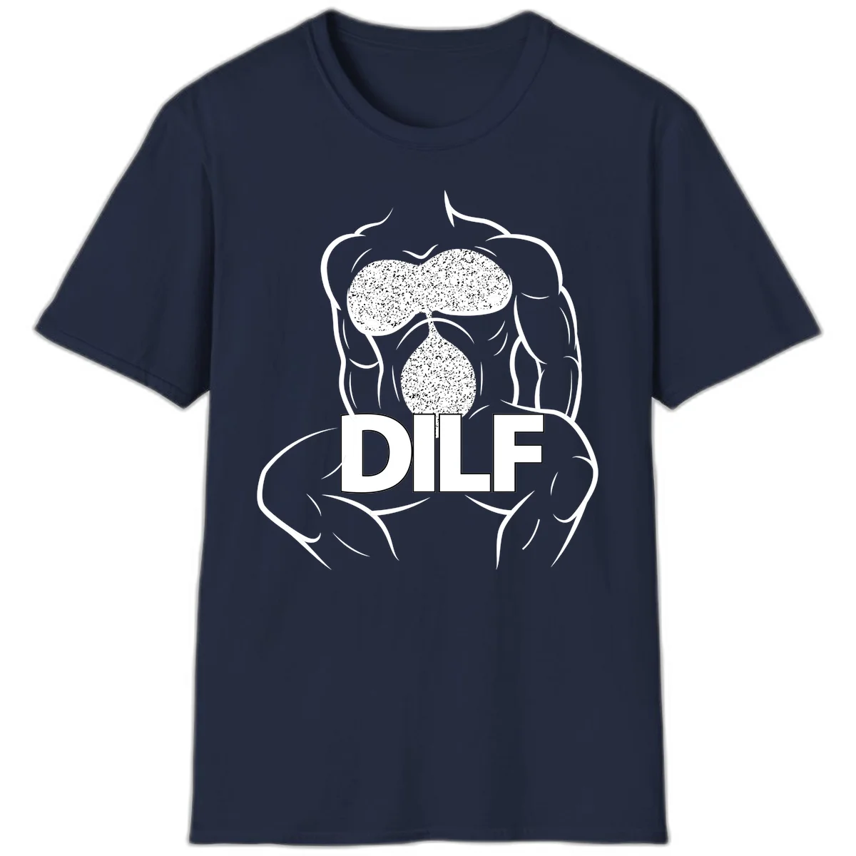 DILF anatomy humor design featuring muscular torso outline with speckled organ illustration and text in Navy