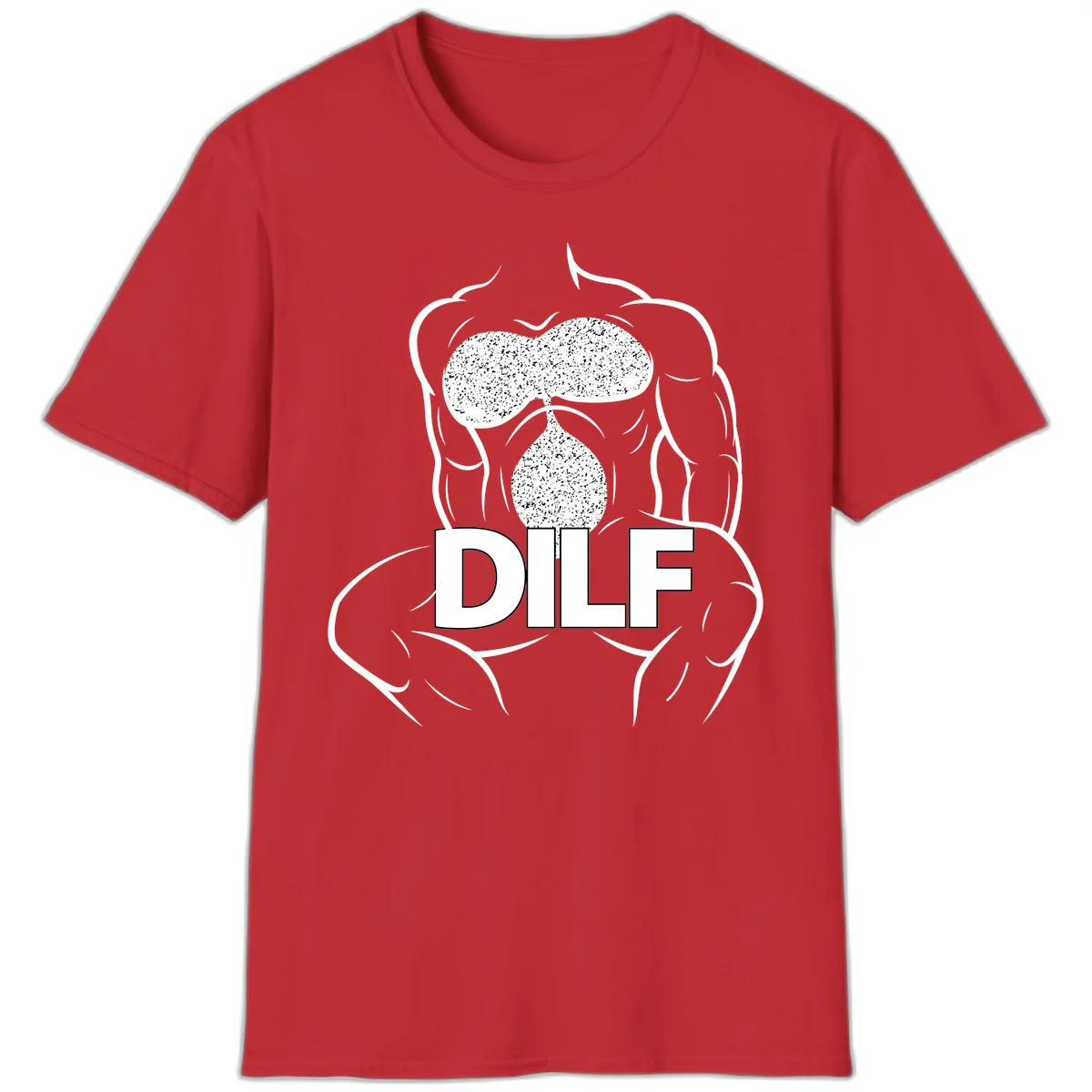 DILF anatomy humor design featuring muscular torso outline with speckled organ illustration and text in Red