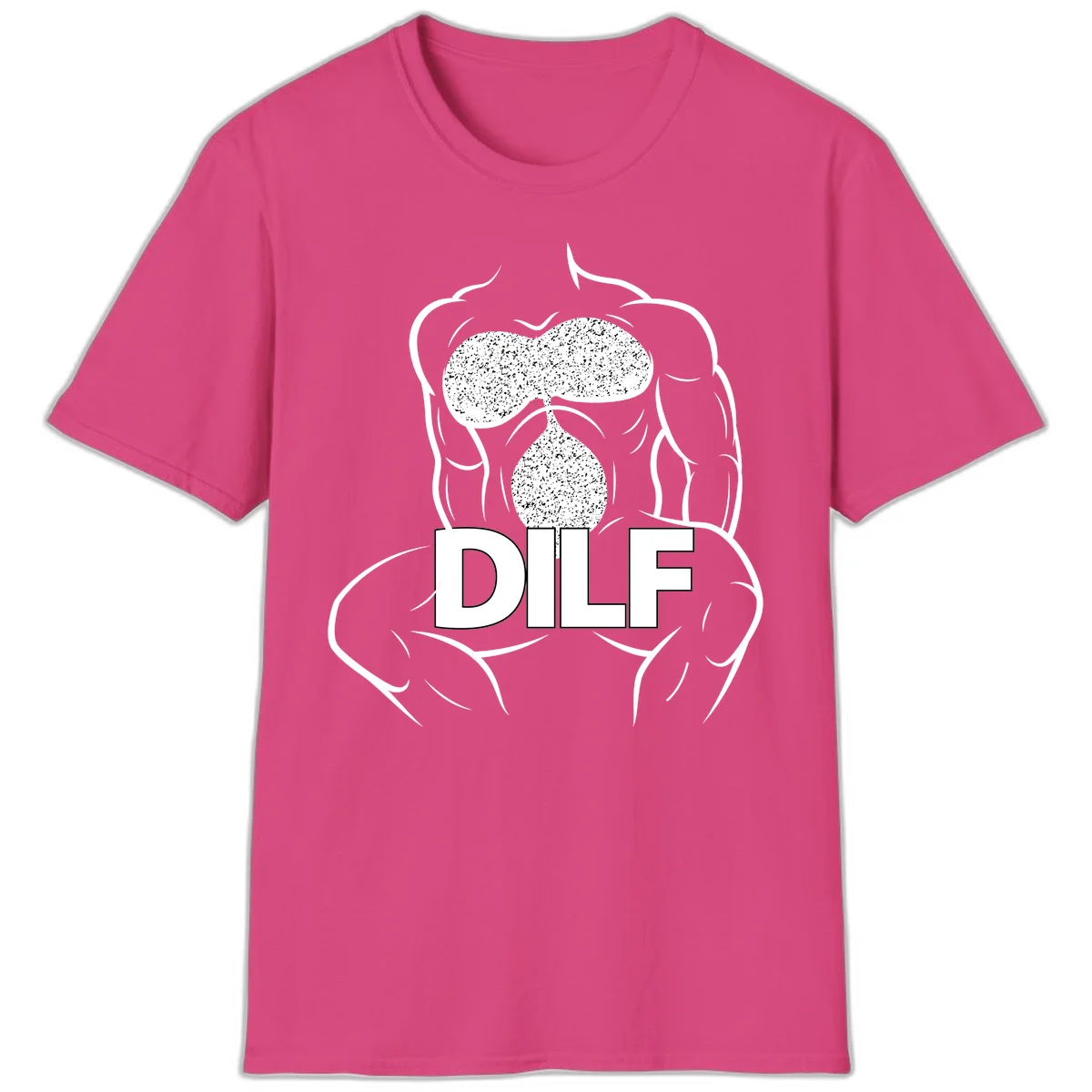 DILF anatomy humor design featuring muscular torso outline with speckled organ illustration and text in Heliconia