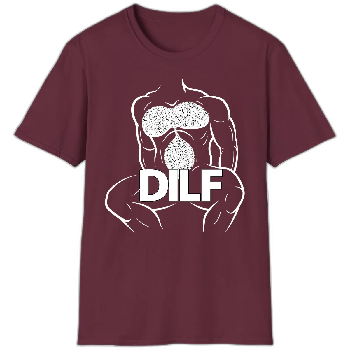 DILF anatomy humor design featuring muscular torso outline with speckled organ illustration and text in Maroon