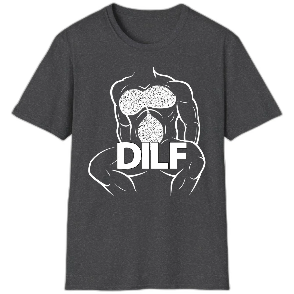 DILF anatomy humor design featuring muscular torso outline with speckled organ illustration and text in Dark Heather