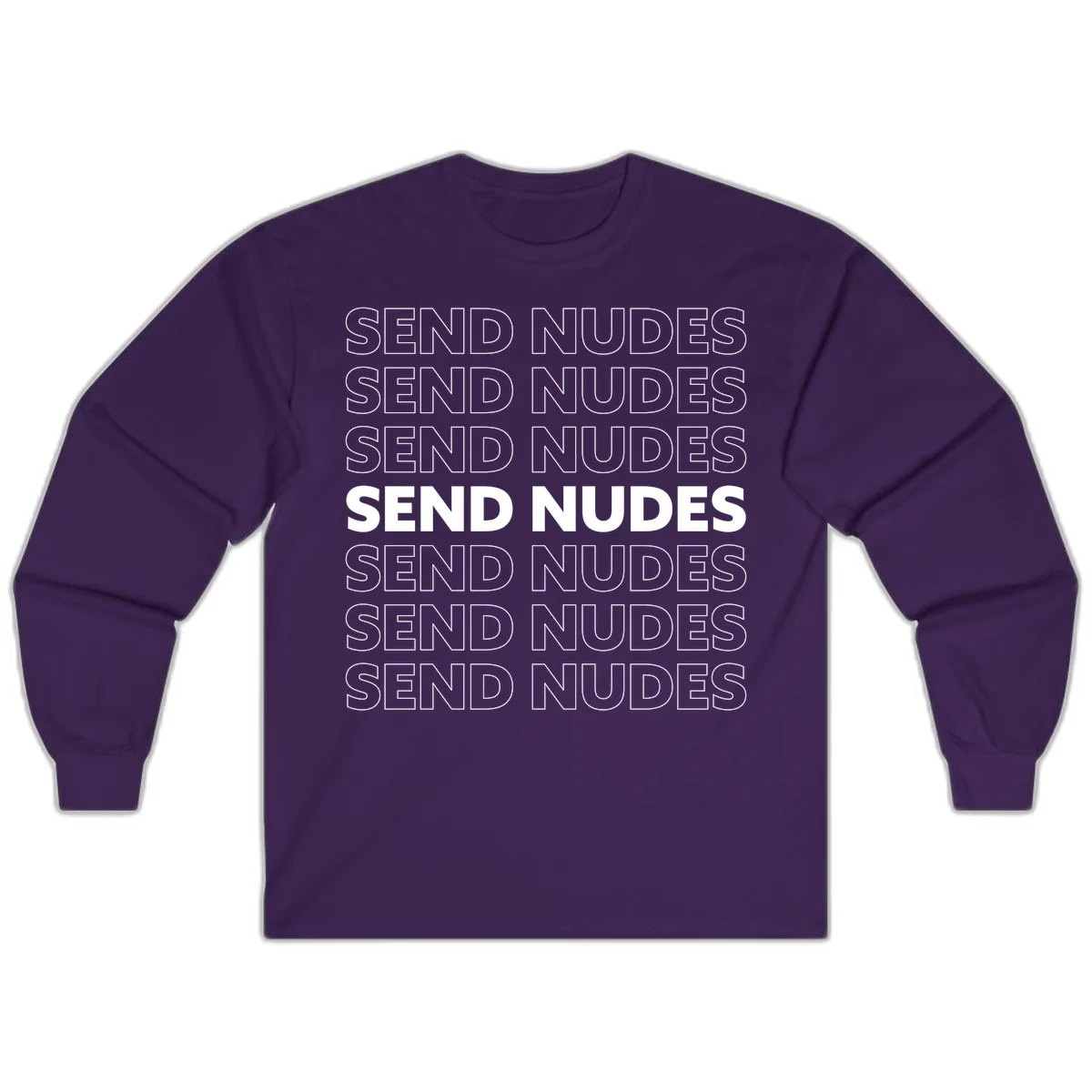 Send nudes bold typography design with repeated white outlined and solid lettering on gray background in Purple