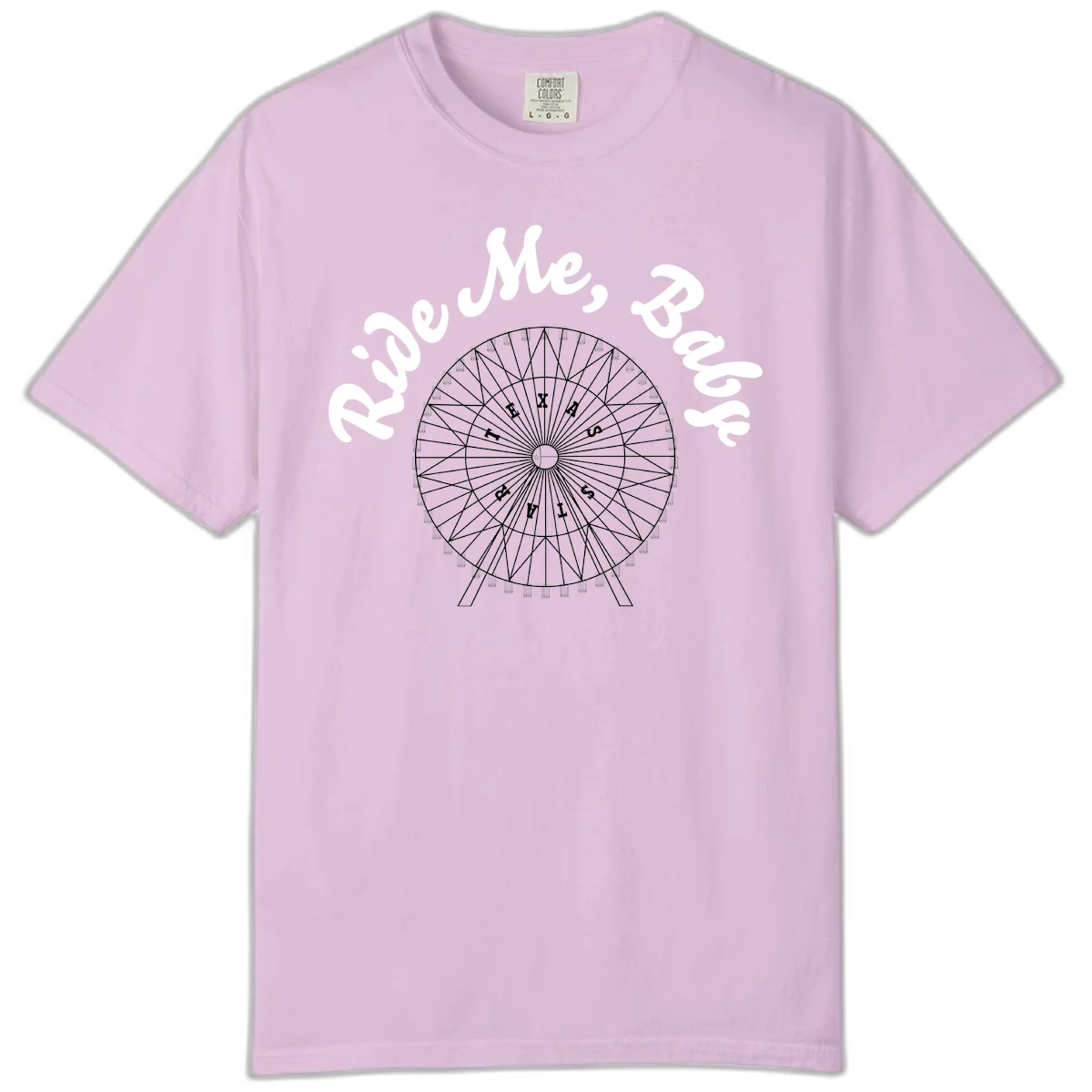 Detailed illustration of a ferris wheel with 'Rescue Me' text in white script above and below the mechanical structure on gray background in Orchid