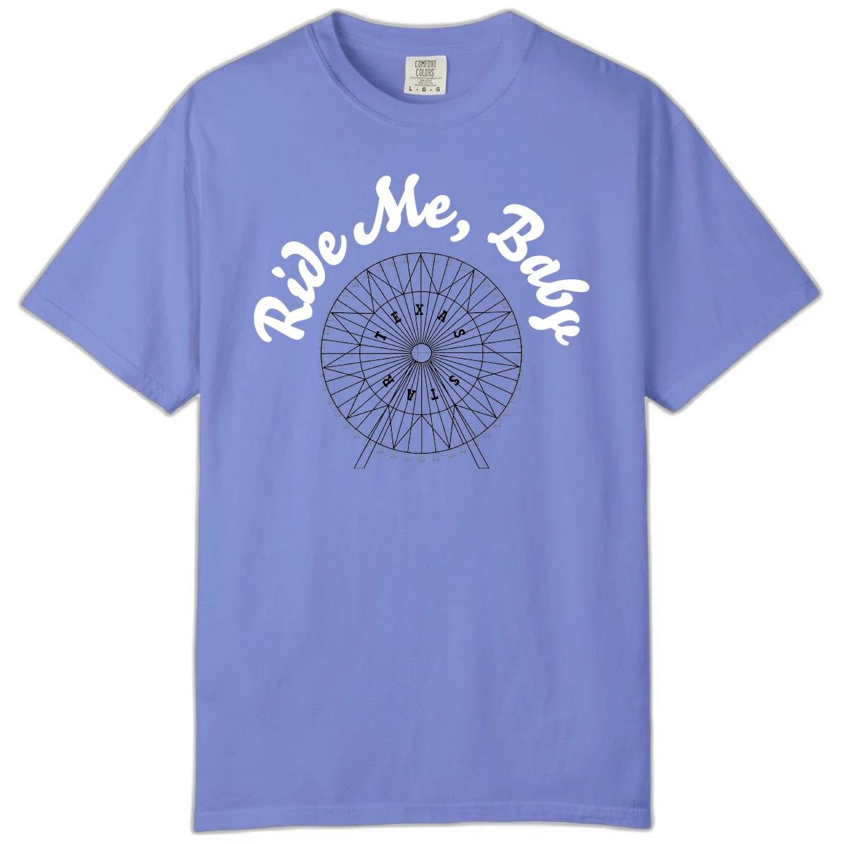 Detailed illustration of a ferris wheel with 'Rescue Me' text in white script above and below the mechanical structure on gray background in Flo Blue