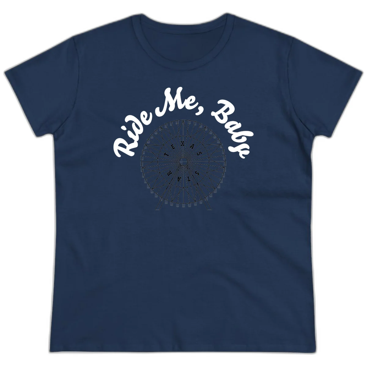 Detailed illustration of a ferris wheel with 'Rescue Me' text in white script above and below the mechanical structure on gray background in Navy