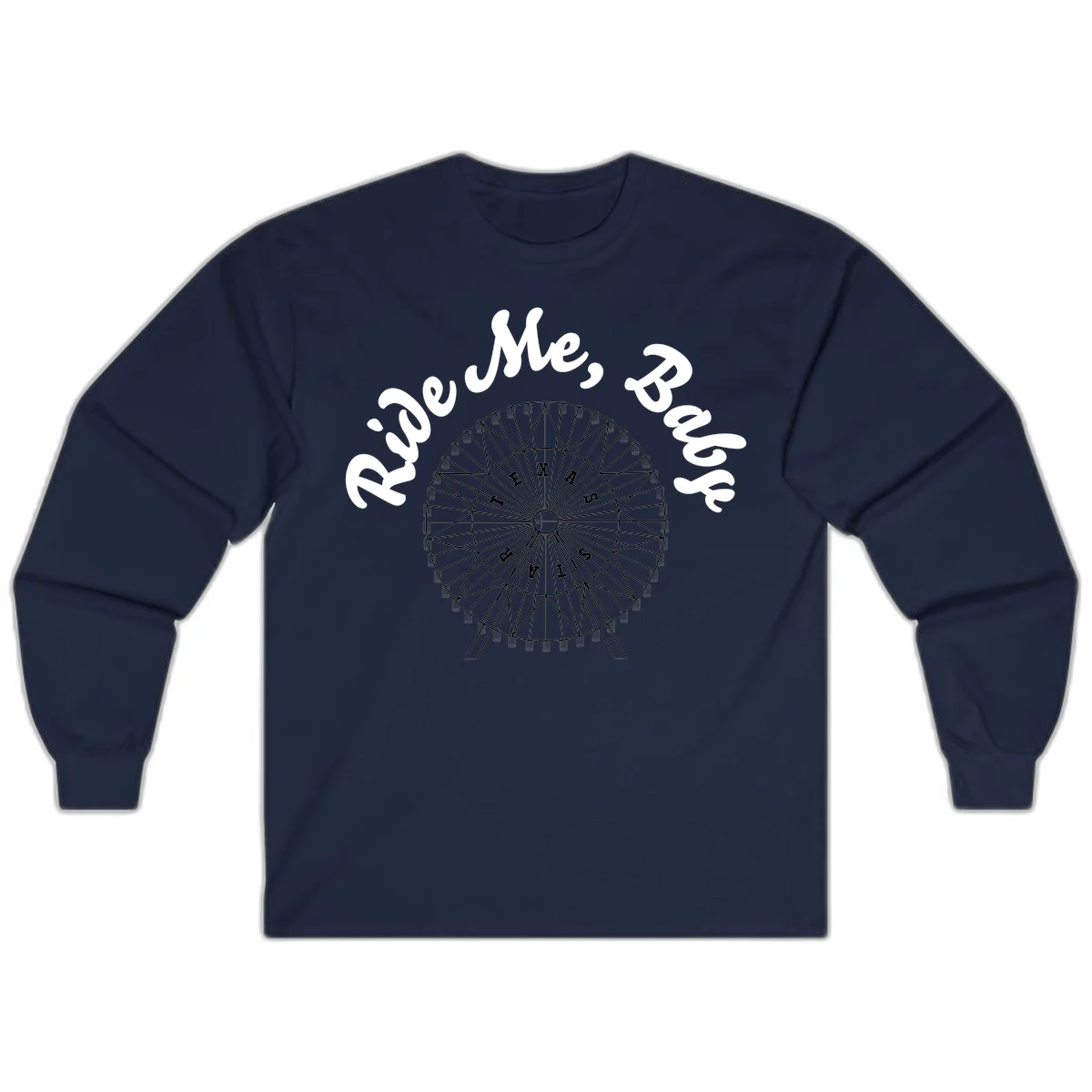 Detailed illustration of a ferris wheel with 'Rescue Me' text in white script above and below the mechanical structure on gray background in Navy