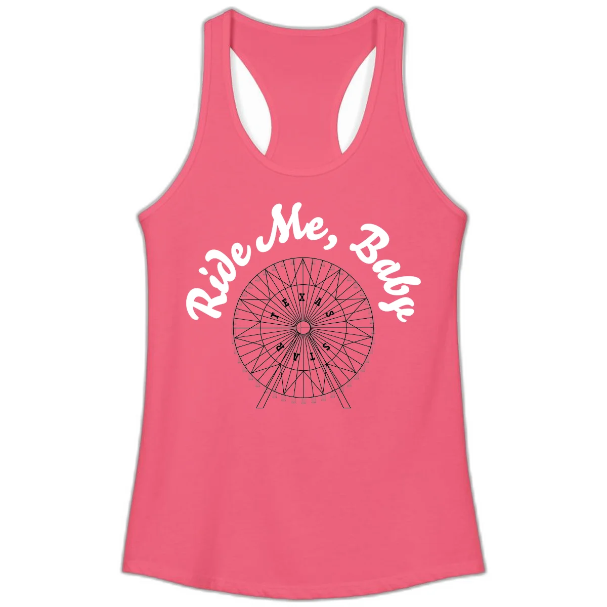 Detailed illustration of a ferris wheel with 'Rescue Me' text in white script above and below the mechanical structure on gray background in Hot Pink