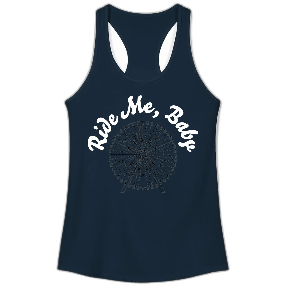 Detailed illustration of a ferris wheel with 'Rescue Me' text in white script above and below the mechanical structure on gray background in Solid Midnight Navy