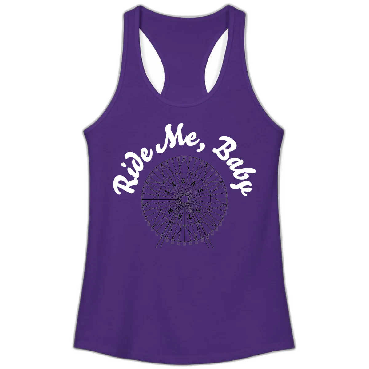 Detailed illustration of a ferris wheel with 'Rescue Me' text in white script above and below the mechanical structure on gray background in Solid Purple Rush