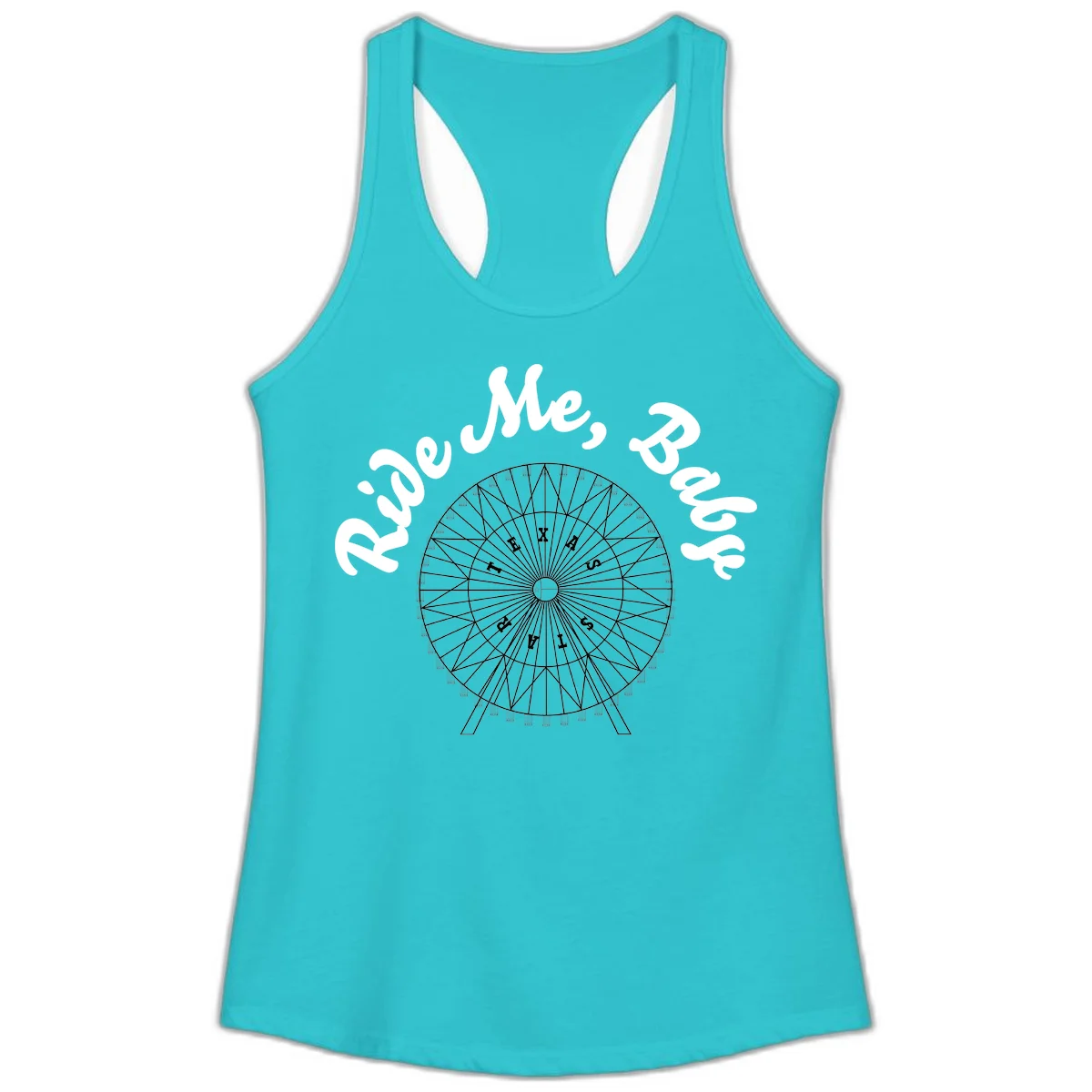 Detailed illustration of a ferris wheel with 'Rescue Me' text in white script above and below the mechanical structure on gray background in Solid Tahiti Blue