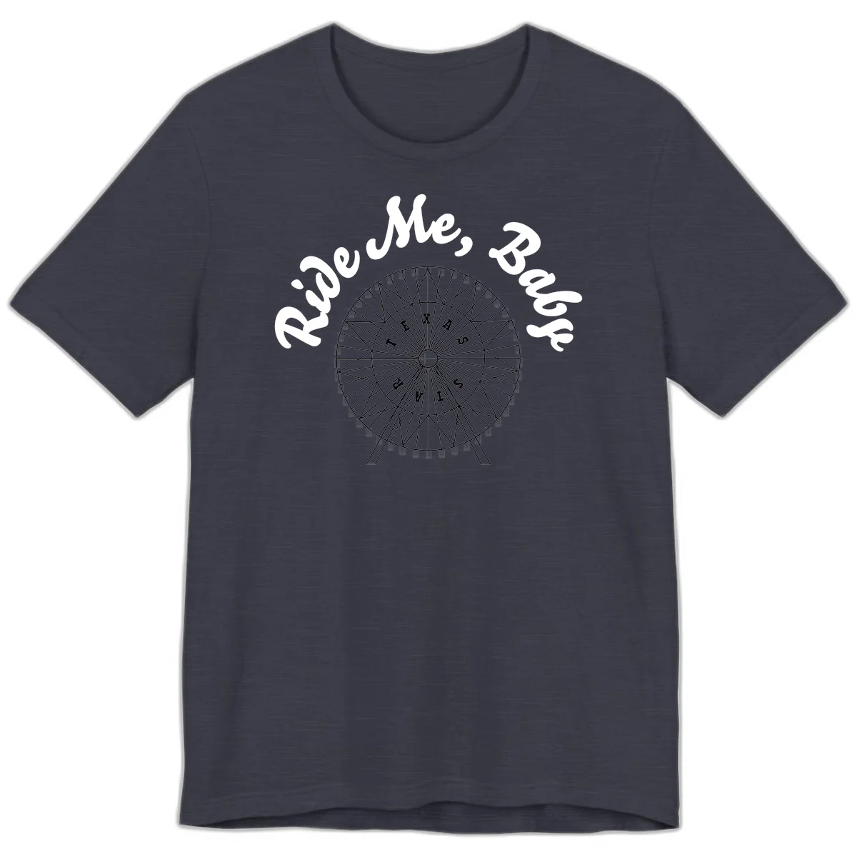 Detailed illustration of a ferris wheel with 'Rescue Me' text in white script above and below the mechanical structure on gray background in Heather Midnight Navy