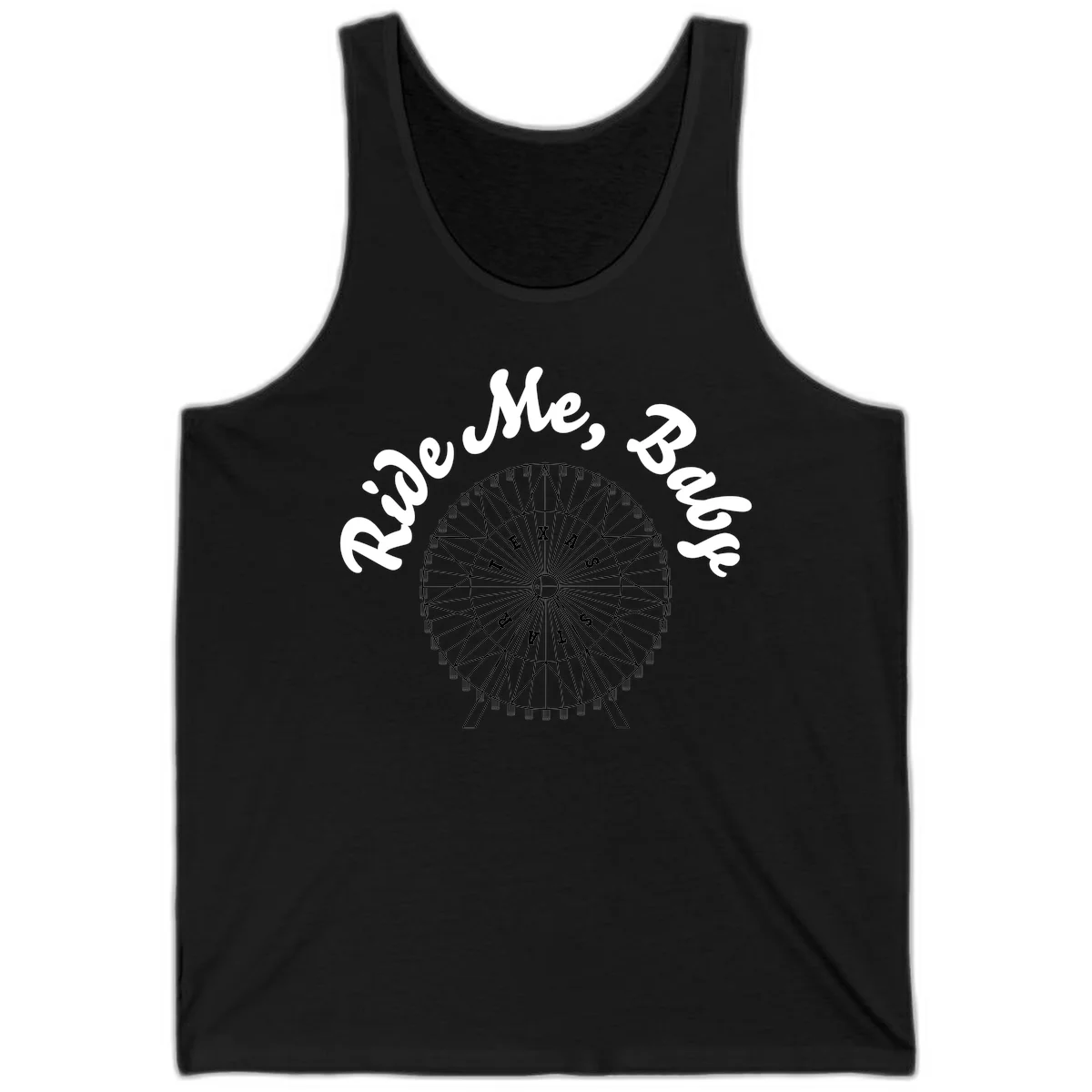 Detailed illustration of a ferris wheel with 'Rescue Me' text in white script above and below the mechanical structure on gray background in Black