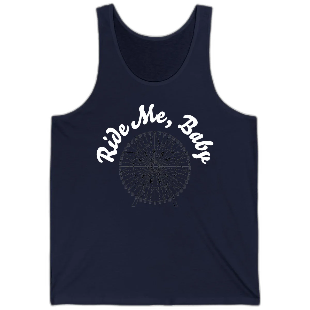 Detailed illustration of a ferris wheel with 'Rescue Me' text in white script above and below the mechanical structure on gray background in Navy