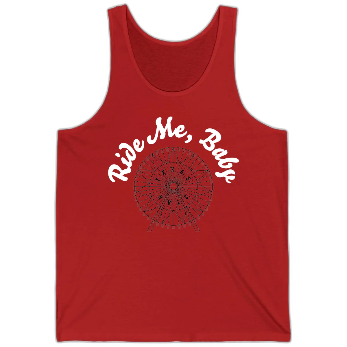 Detailed illustration of a ferris wheel with 'Rescue Me' text in white script above and below the mechanical structure on gray background in Red