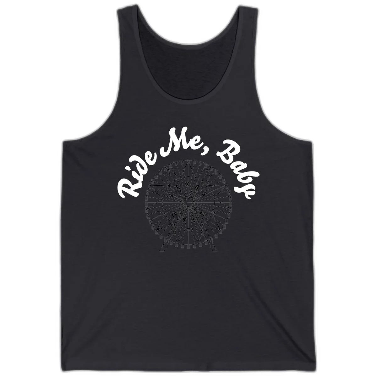 Detailed illustration of a ferris wheel with 'Rescue Me' text in white script above and below the mechanical structure on gray background in Dark Grey