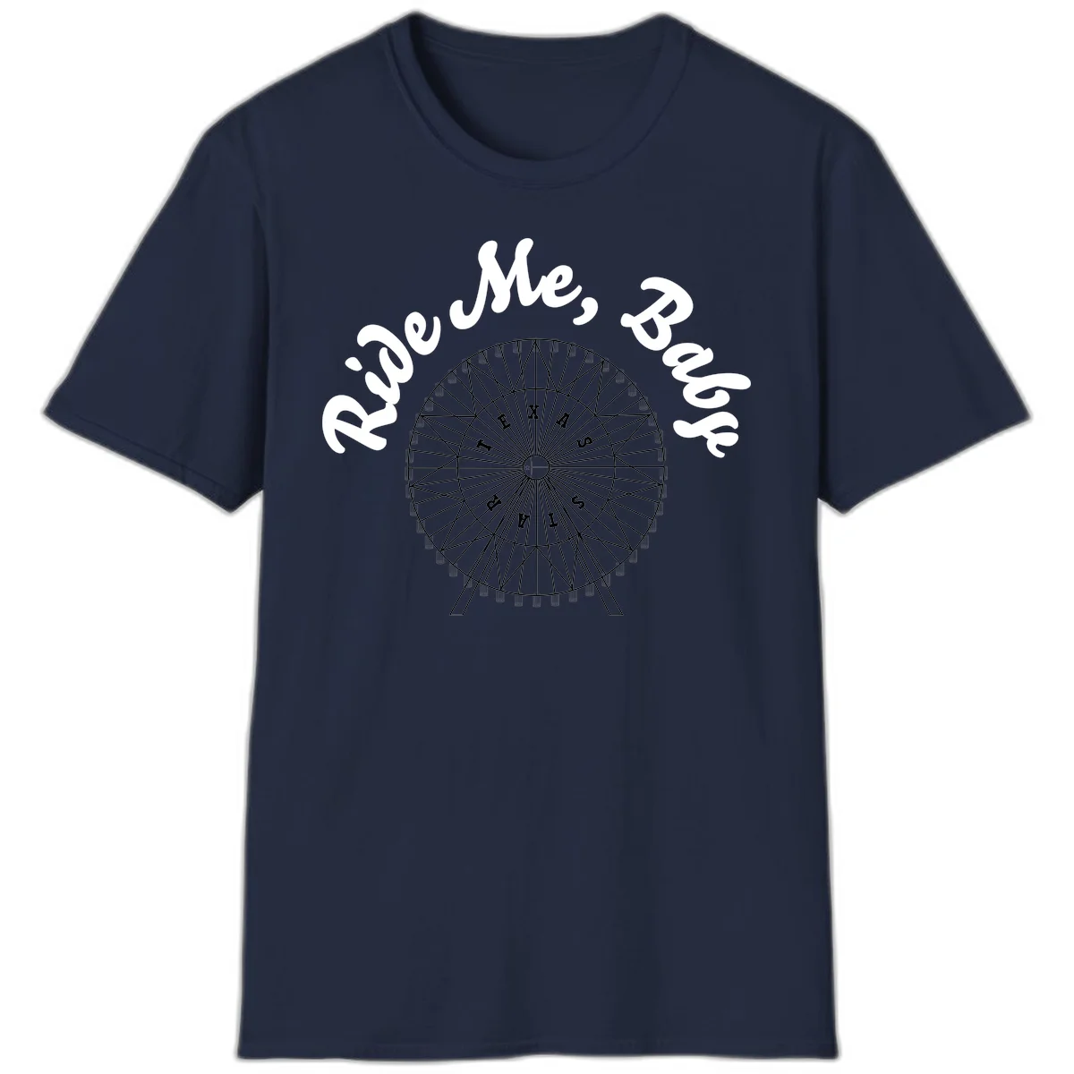 Detailed illustration of a ferris wheel with 'Rescue Me' text in white script above and below the mechanical structure on gray background in Navy