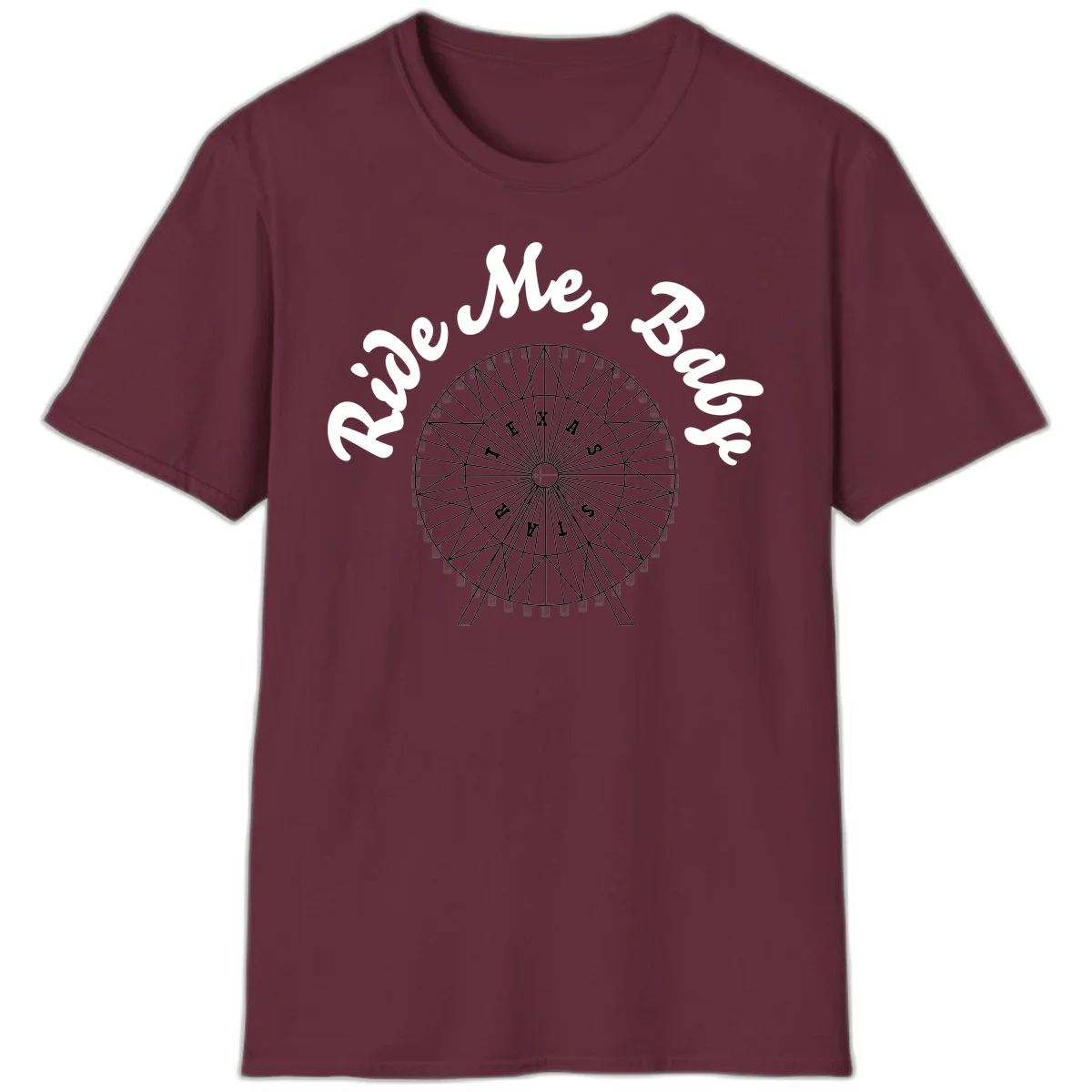 Detailed illustration of a ferris wheel with 'Rescue Me' text in white script above and below the mechanical structure on gray background in Maroon