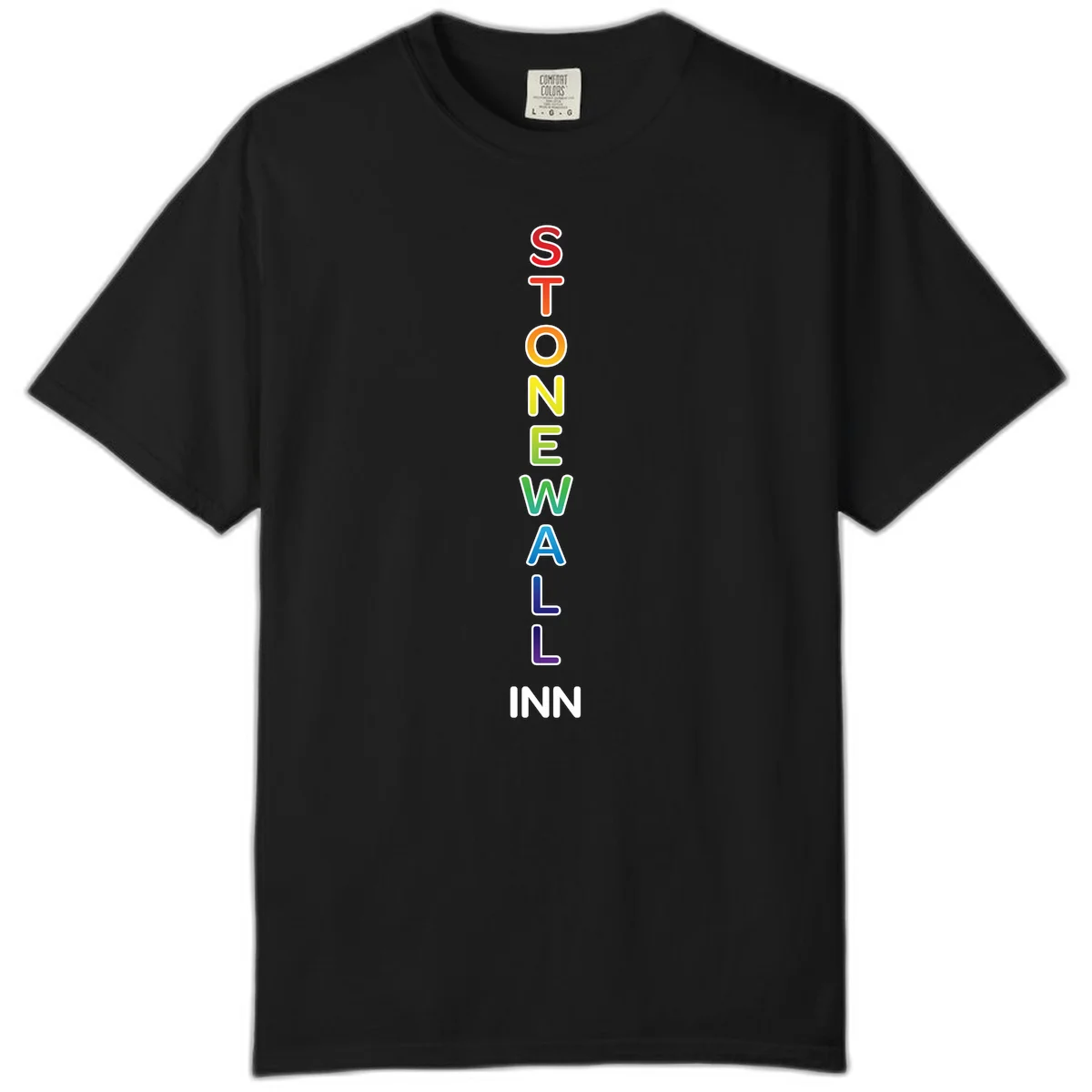 Stonewall Inn pride design with vertical rainbow letters spelling out the iconic venue name in red, orange, yellow, green, teal, blue, and purple. in Black