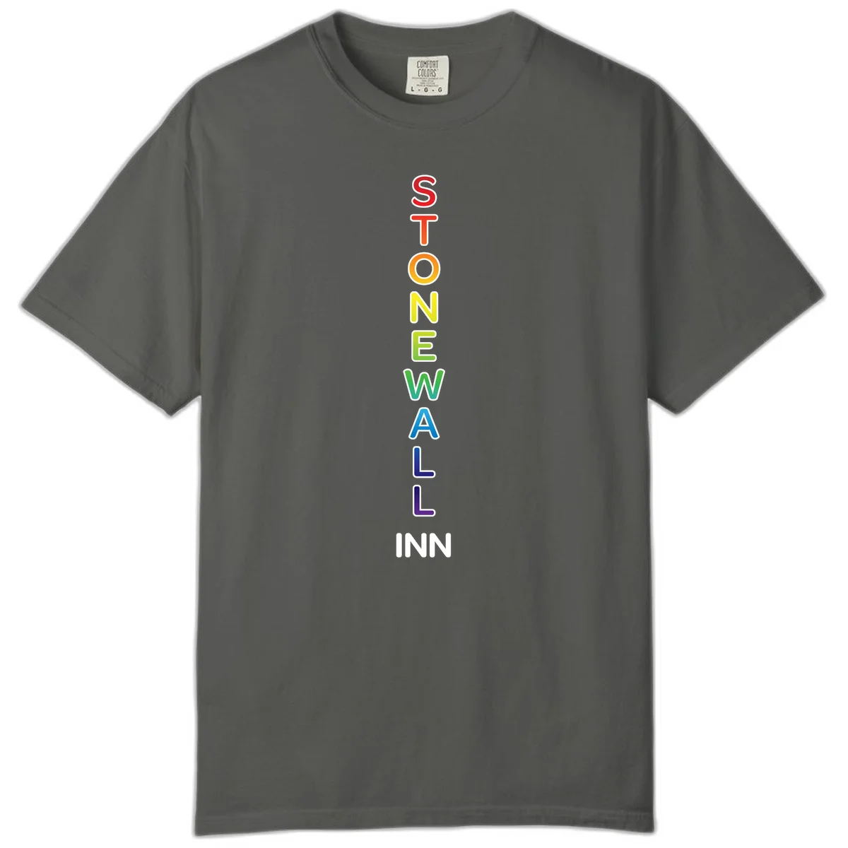 Stonewall Inn pride design with vertical rainbow letters spelling out the iconic venue name in red, orange, yellow, green, teal, blue, and purple. in Pepper