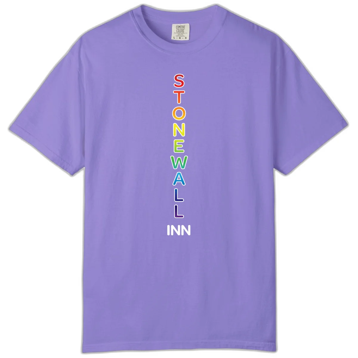 Stonewall Inn pride design with vertical rainbow letters spelling out the iconic venue name in red, orange, yellow, green, teal, blue, and purple. in Violet