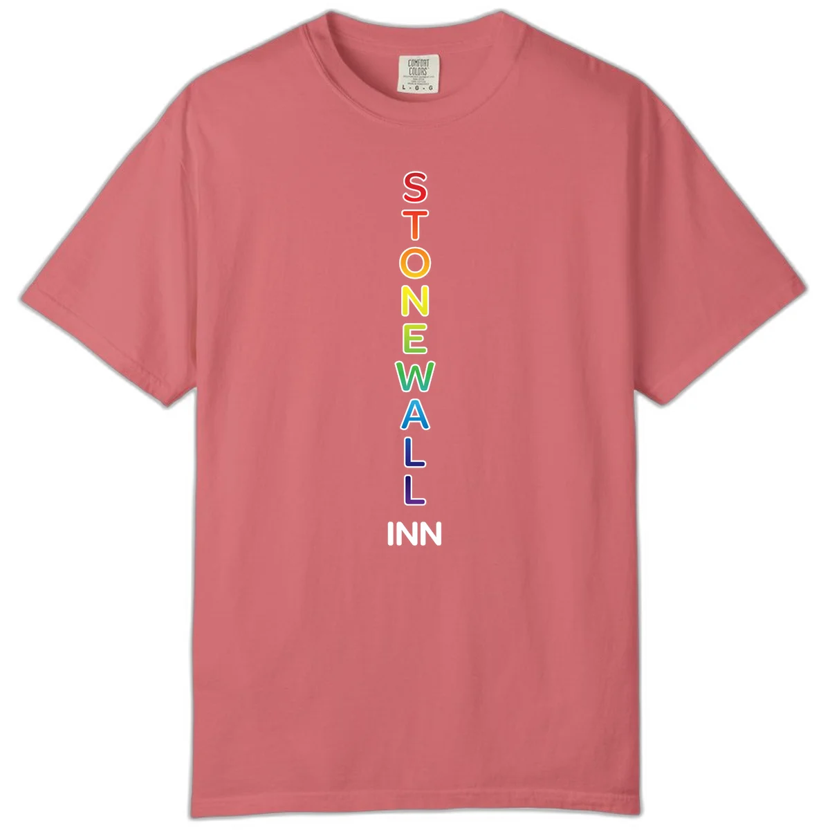 Stonewall Inn pride design with vertical rainbow letters spelling out the iconic venue name in red, orange, yellow, green, teal, blue, and purple. in Watermelon