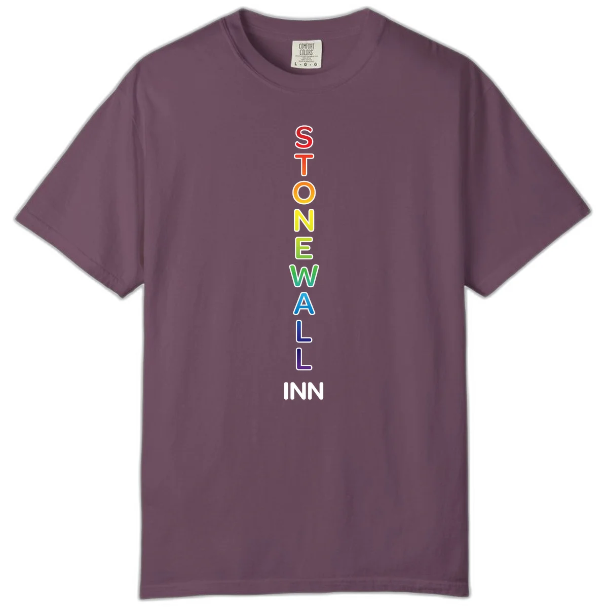 Stonewall Inn pride design with vertical rainbow letters spelling out the iconic venue name in red, orange, yellow, green, teal, blue, and purple. in Berry