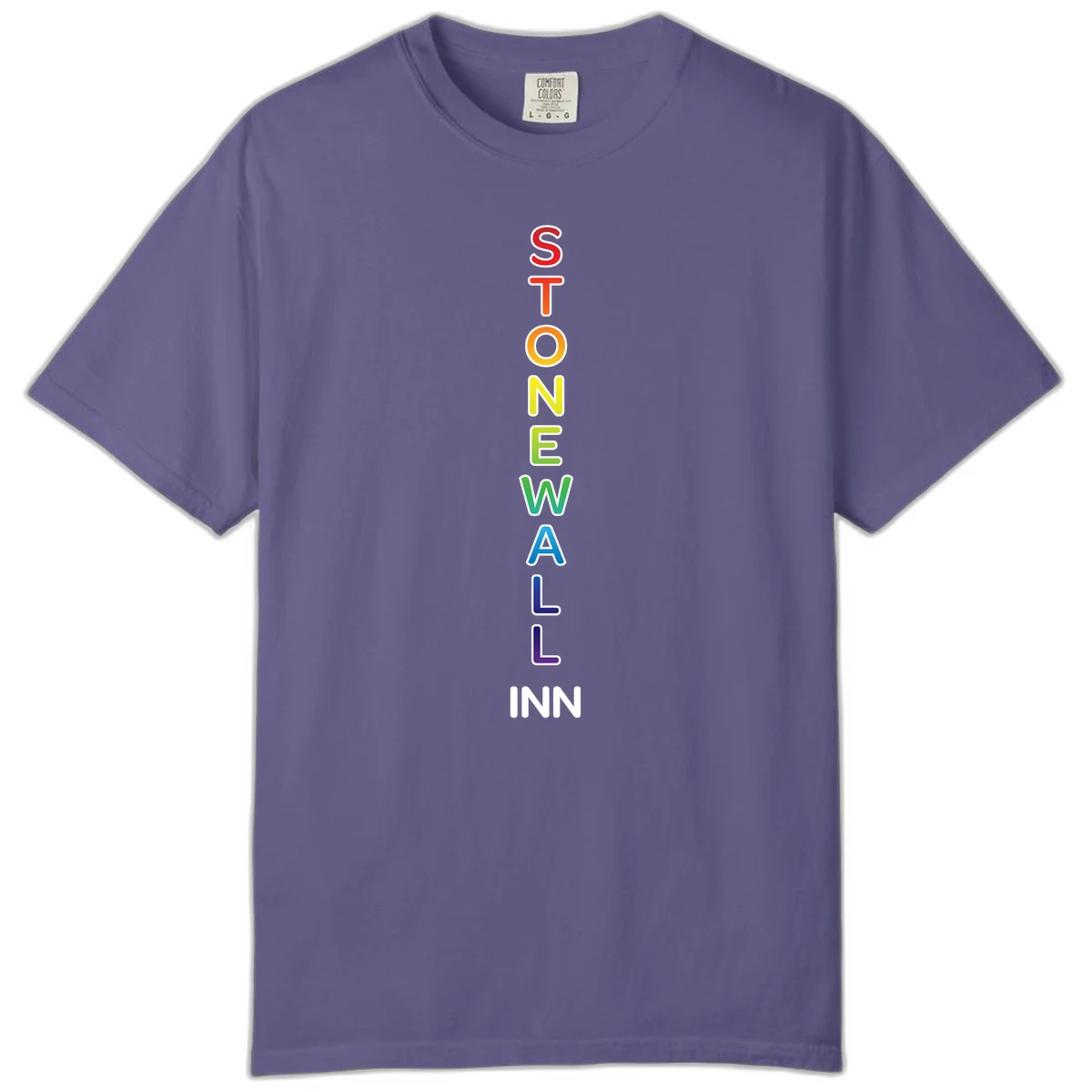 Stonewall Inn pride design with vertical rainbow letters spelling out the iconic venue name in red, orange, yellow, green, teal, blue, and purple. in Grape