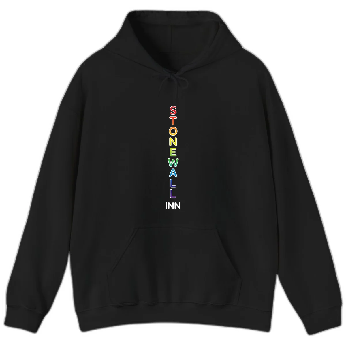Stonewall Inn pride design with vertical rainbow letters spelling out the iconic venue name in red, orange, yellow, green, teal, blue, and purple. in Black