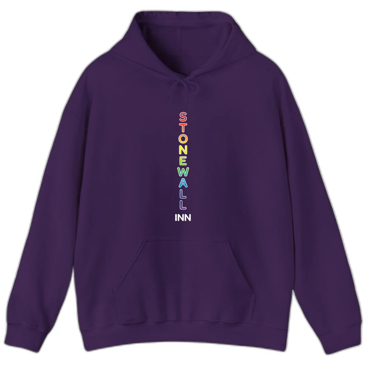 Stonewall Inn pride design with vertical rainbow letters spelling out the iconic venue name in red, orange, yellow, green, teal, blue, and purple. in Purple