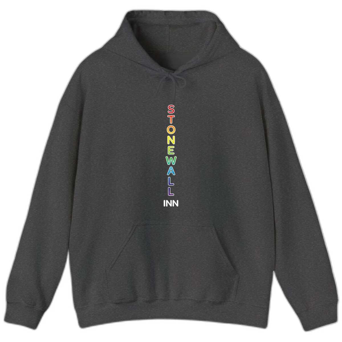 Stonewall Inn pride design with vertical rainbow letters spelling out the iconic venue name in red, orange, yellow, green, teal, blue, and purple. in Dark Heather